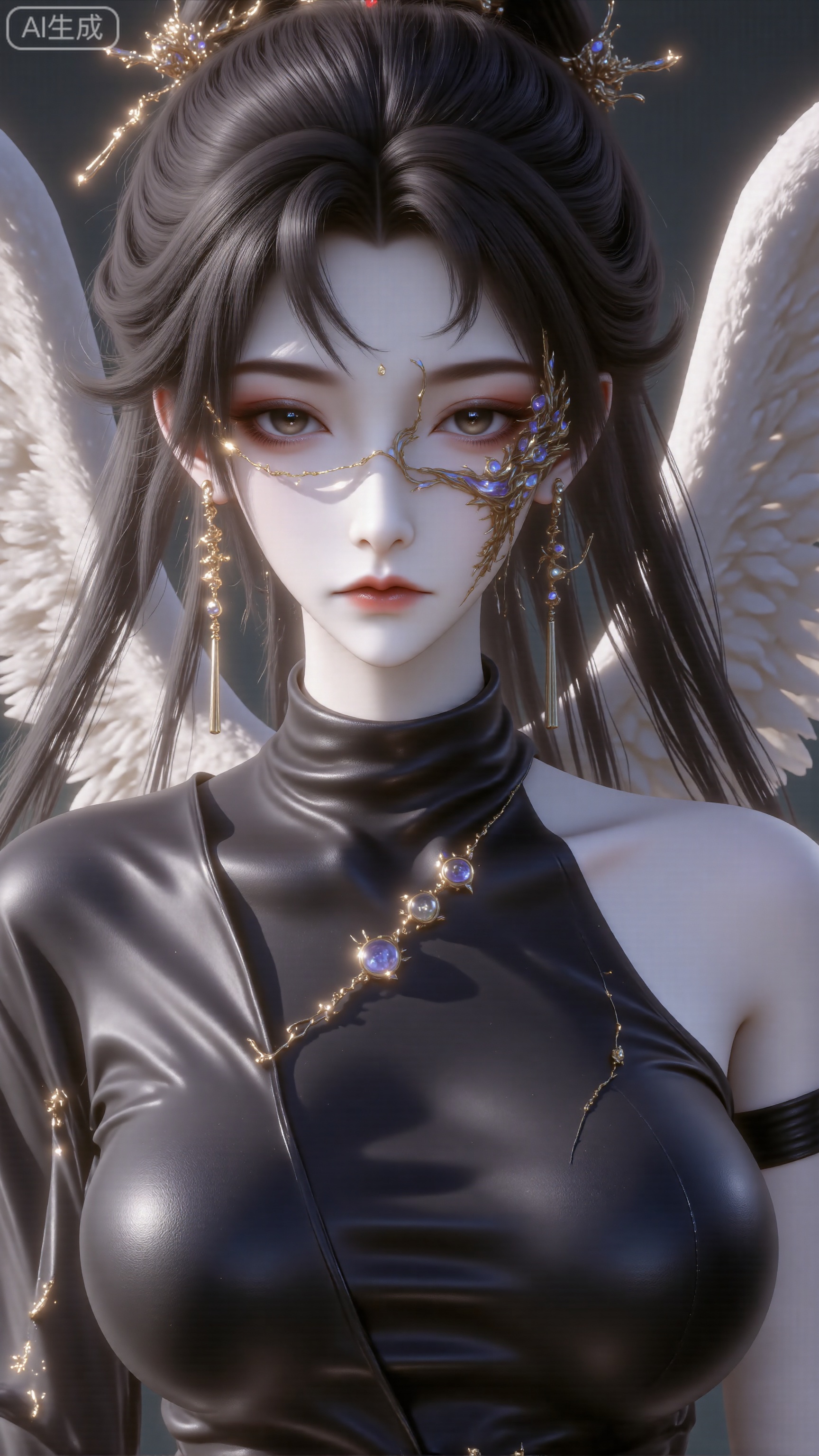 ZOZ_XUANHUAN solo, standing, wings, black eyes, no humans, halo, traditional media, parody, white wings, retro artstyle, tr_comic_style, 23,large natural breast,soft breasts,cy,black clothes
