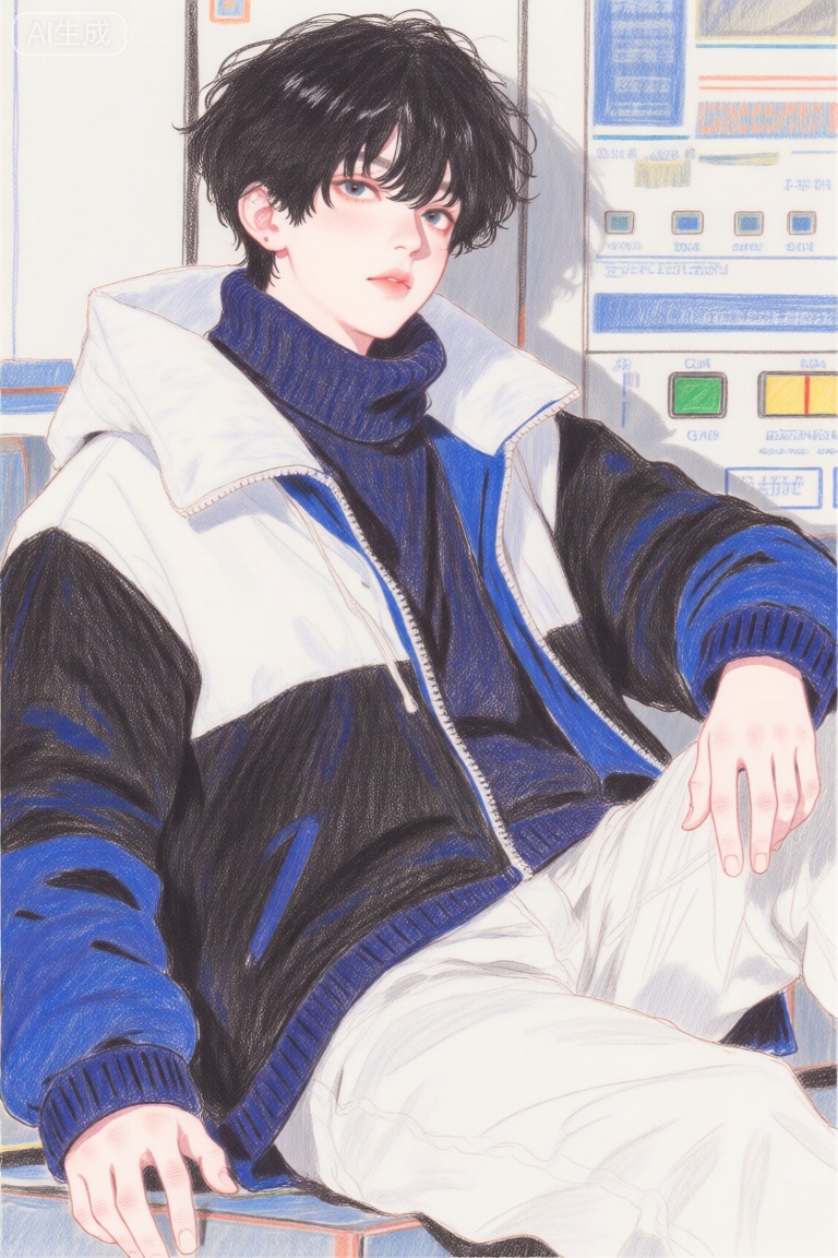 彩铅风格
该图像描绘了一个年轻的人,黑发短而醒目。他们穿着一件分层的服装,包括深蓝色高领毛衣和白色和蓝色外套。该人坐在坐在他们的腿上。在背景中,有一个控制面板,上面有各种按钮和指标,暗示了未来派或技术环境。面板上的文字包括“