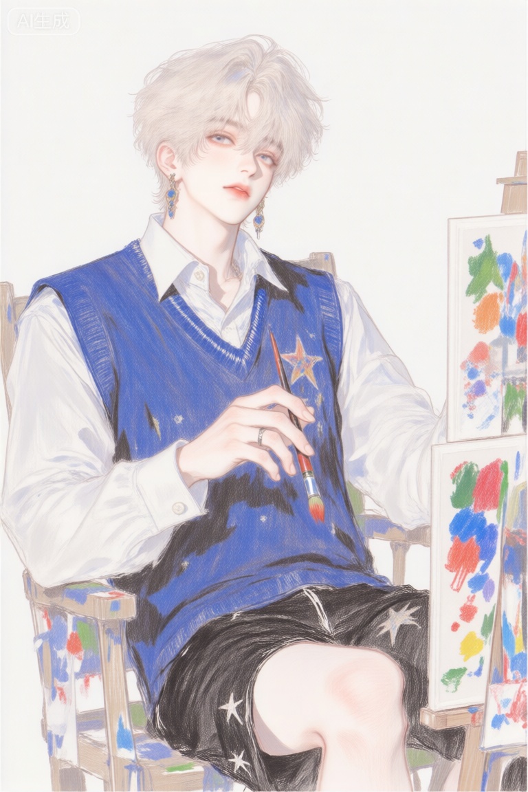 彩铅风格
该图像描绘了一个人坐在椅子上,拿着画笔,并被一个带有几个画布的画架包围。该人穿着一件白色衬衫,带有蓝色背心,带有星形图案,黑色短裤具有类似的星形设计。他们戴着大而悬空的耳环。背景是白色的,强调主题及其艺术活动。这个人似乎处于轻松,沉思的姿势,表明他们从事绘画。
