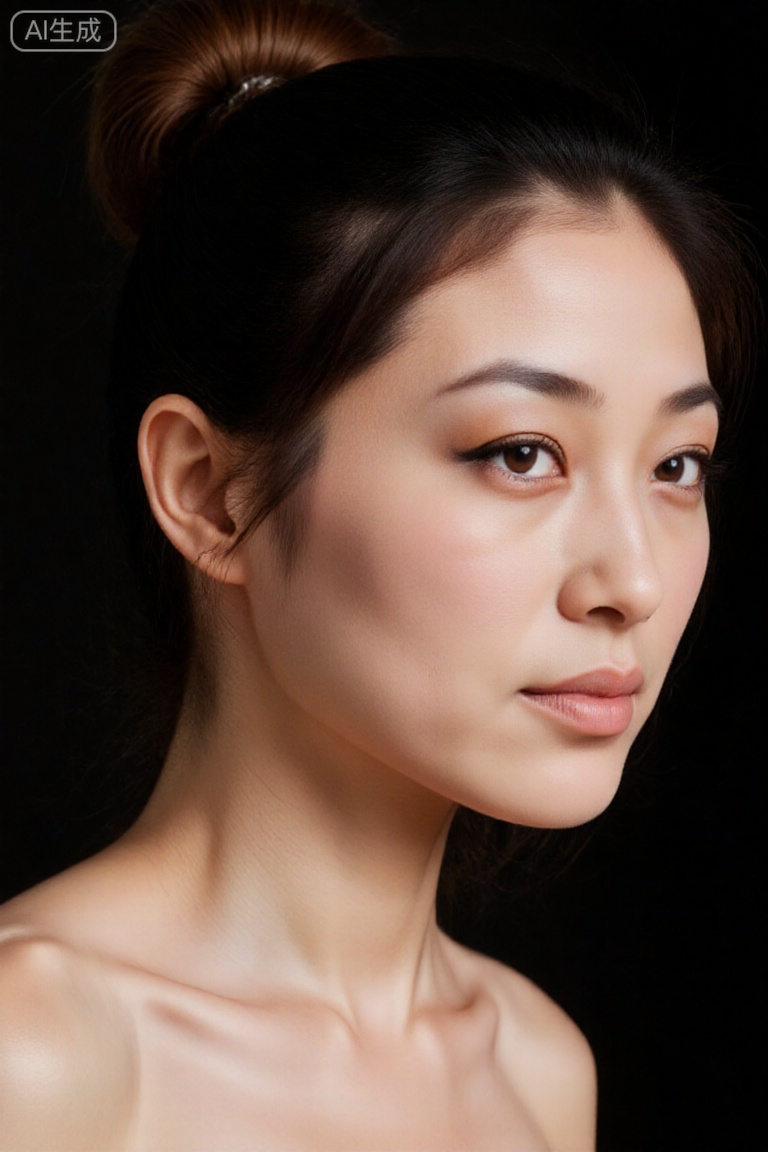 A high ponytail neat hairstyle (clear hair), light makeup (earth color eye makeup + slender eyeliner + bean paste soft fog lip color), hard light creates clear jawline and neck line, pure black background, fashion magazine film tone and skin texture with natural high-end matte texture, minimalist magazine cover portrait shot with Fuji GFX 100S, 110mm f/2 lens, ISO 100, shutter 1/125s, aperture f/2.2, and a studio hard light (beehive grille + power 300W, side position 45°).Show the character's face and a shoulder-baring style of the neck.