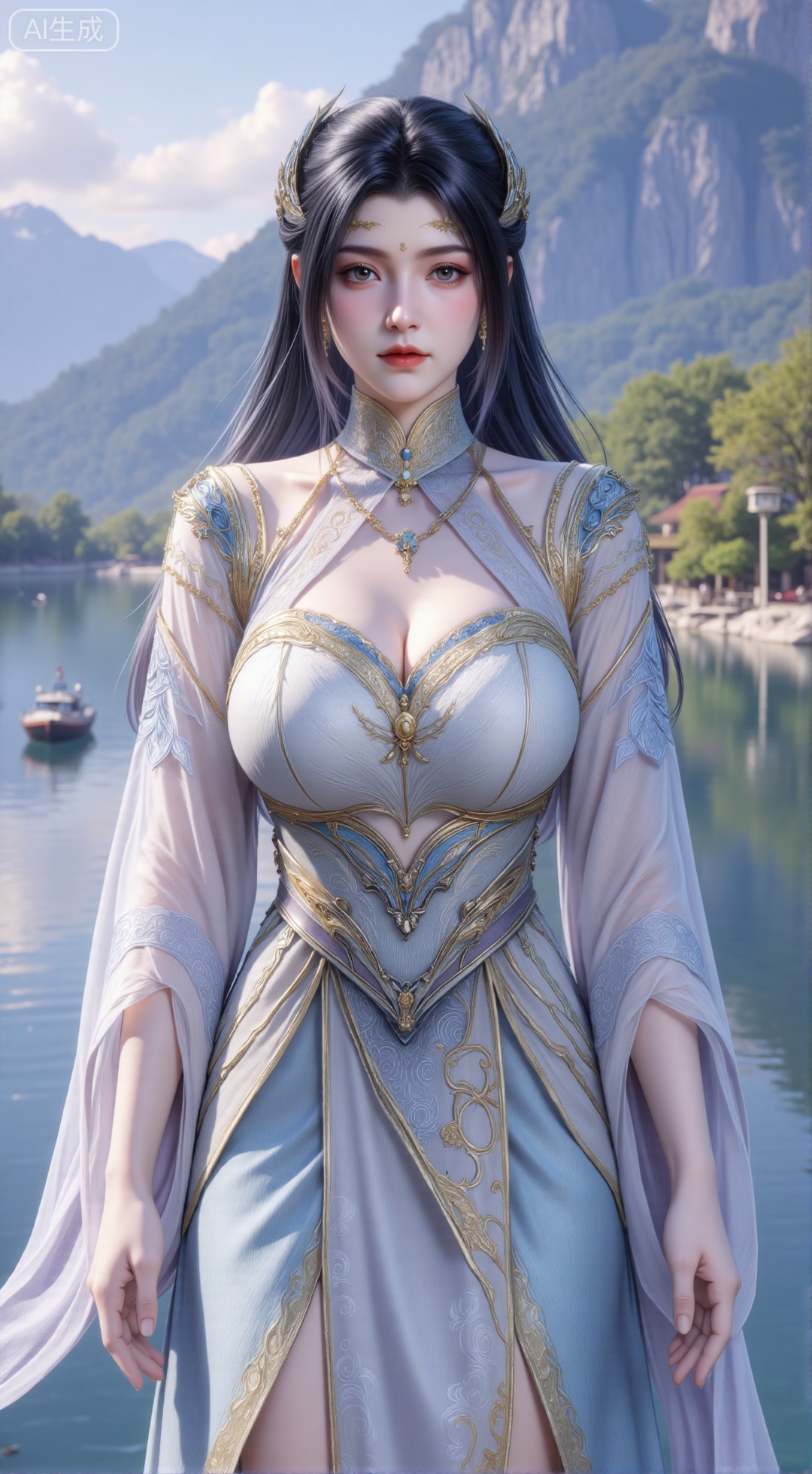 (masterpiece, best quality:1.2),1 girl, solo, long hair, black hair, hair accessories, clothing, cleavage cuts, long dress, jewelry, upper body, earrings. Background is outdoor, sky, clouds, water, trees, architecture, landscape, lantern, mountain, dragon, architecture, bridge, east Asian architecture, fog, pagoda,,(huge breasts:2.99),(full breasts:2.99),,Xbigbreasts,XbaifengsongyuYH,XzhouzimoH,XliancangH,XmupeilingHongyi,XyinyueX3,Xmaoyibaizhequn,XpikaqiuTX,XmupeulingHY3,XmupeulingHY2,XtangwutongXnb