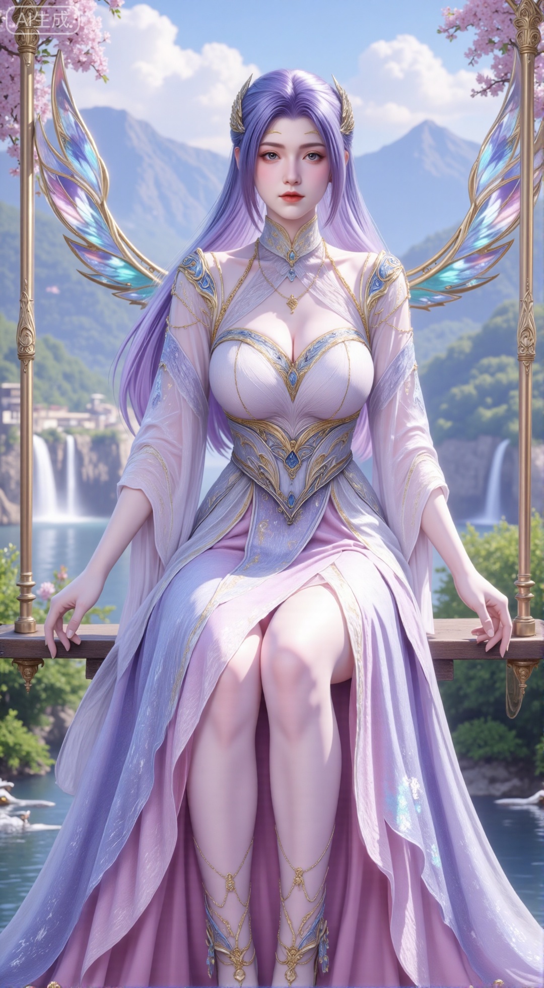  (masterpiece, top quality, best quality, official art, beautiful and aesthetic:1.2),Dynamic posture,(Sitting on the swing:1.39),natural skin texture,(Milky skin:1.2),1gir,solo,long Dress, (Long legs, perfect proportions:1.2),(Sakura, butterfly:1.29),(huge breasts:2.99),(full breasts:2.99),Wisteria, wisteria flowers, castle, waterfall, mountains in the distance,,,Xbigbreasts,XbaifengsongyuYH,XzhouzimoH,XliancangH,XmupeilingHongyi,XyinyueX3,Xmaoyibaizhequn,XpikaqiuTX,XmupeulingHY3,XmupeulingHY2,XtangwutongXnb