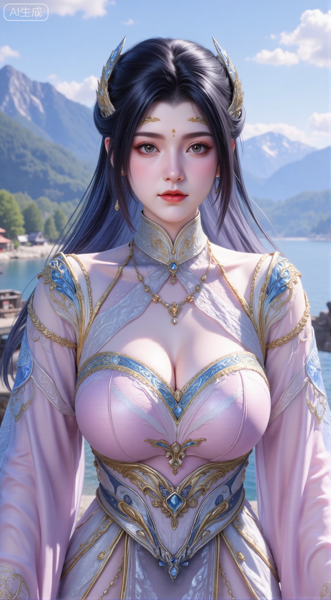 (masterpiece, best quality:1.2),1 girl, solo, long hair, black hair, hair accessories, clothing, cleavage cuts, long dress, jewelry, upper body, earrings. Background is outdoor, sky, clouds, water, trees, architecture, landscape, lantern, mountain, dragon, architecture, bridge, east Asian architecture, fog, pagoda,,(huge breasts:2.99),(full breasts:2.99),,Xbigbreasts,XbaifengsongyuYH,XzhouzimoH,XliancangH,XmupeilingHongyi,XyinyueX3,Xmaoyibaizhequn,XpikaqiuTX,XmupeulingHY3,XmupeulingHY2,XtangwutongXnb