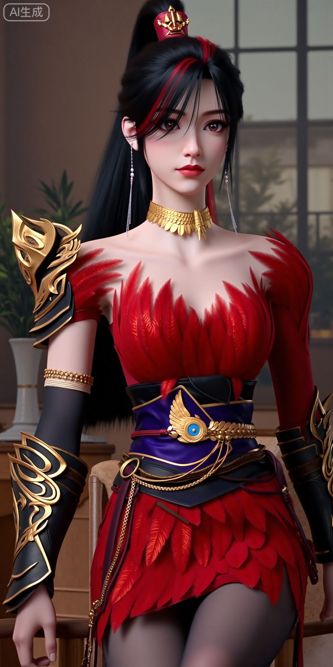 This is ZhaoXiangEr,  This is a highly detailed CGI image of a young woman with fair skin and long black hair featuring a red streak,with striking red highlights. She has large, expressive brown eyes and wears subtle pink lipstick. Her hair is styled in a high ponytail with loose strands framing her face. She is adorned with a gold choker necklace featuring intricate, leaf-like patterns, and long, dangling earrings with small pearl accents.She wears a red dress feathered garment that reveals her shoulders with gold accents and a deep blue, ornate belt featuring a central, gold winged emblem with a blue swirl.She wears black, armored gauntlets with gold detailing on her arms and a gold choker with intricate designs around her neck.She wears a gold choker necklace adorned with intricate, overlapping leaf-like patterns. Her ear is adorned with a long, silver earring.The image has a realistic, yet slightly stylized, 3D rendering aesthetic.
a single high-heeled sandal. The sandal features an open-toe design with intricate, metallic pink and gold detailing that includes ornate patterns and small, curved decorative elements. The strap is composed of thin, gold chains that crisscross over the foot and ankle, adding a delicate, elegant touch. The heel is black and slender, providing a sharp contrast to the colorful and ornate front of the sandal. The skin of the foot is light-toned and smooth, with a subtle sheen.(Full-body:1.4),background : Indoor, coffee table, window, vase, plant, chair,(High heel sandals:1.4),(Sitting: 1.4),