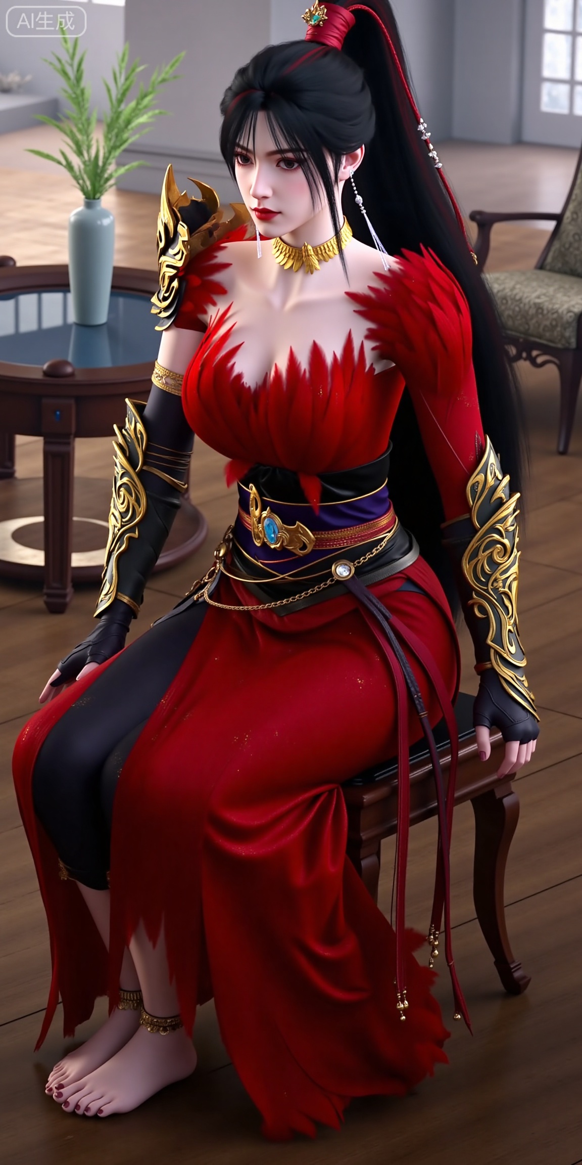This is ZhaoXiangEr,  This is a highly detailed digital artwork of a female character with pale skin and long black hair tied in a high ponytail. She is wearing an elaborate red dress with gold accents and feather-like textures around the neckline and shoulders. Her armor includes gold and black gauntlets with intricate designs and a black and gold belt with a blue gem at the center. She has a gold choker necklace and long, dangling earrings,giving her a regal and confident expression. making the character the **** focus of the image. The style is realistic with a fantasy theme.

 (Full-body:1.4),background : Indoor, coffee table, window, vase, plant, chair,(barefoot:1.4),(Sitting: 1.4),