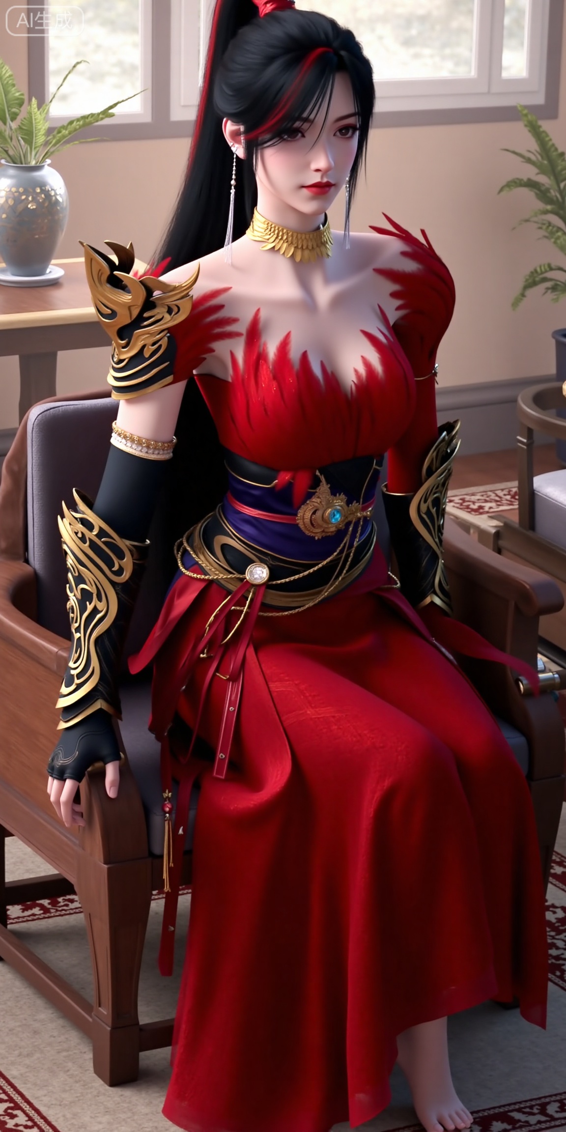 This is ZhaoXiangEr,  This is a highly detailed digital artwork of a female character with pale skin and long black hair tied in a high ponytail. She is wearing an elaborate red dress with gold accents and feather-like textures around the neckline and shoulders. Her armor includes gold and black gauntlets with intricate designs and a black and gold belt with a blue gem at the center. She has a gold choker necklace and long, dangling earrings,giving her a regal and confident expression. making the character the **** focus of the image. The style is realistic with a fantasy theme.

 (Full-body:1.4),background : Indoor, coffee table, window, vase, plant, chair,(barefoot:1.4),(Sitting: 1.4),