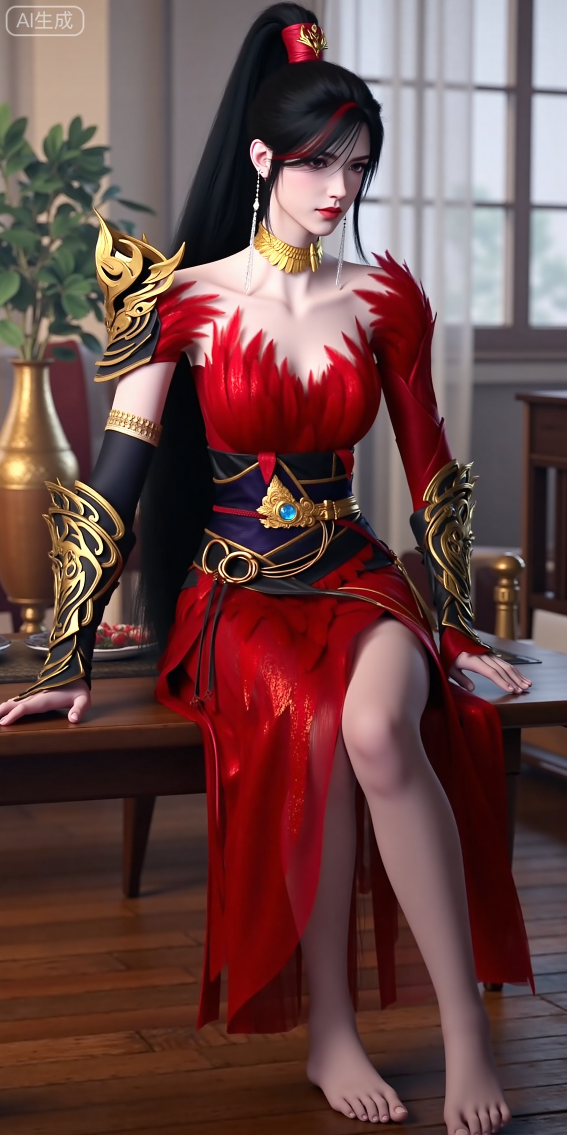 This is ZhaoXiangEr,  This is a highly detailed digital artwork of a female character with pale skin and long black hair tied in a high ponytail. She is wearing an elaborate red dress with gold accents and feather-like textures around the neckline and shoulders. Her armor includes gold and black gauntlets with intricate designs and a black and gold belt with a blue gem at the center. She has a gold choker necklace and long, dangling earrings,giving her a regal and confident expression. making the character the **** focus of the image. The style is realistic with a fantasy theme.

 (Full-body:1.4),background : Indoor, coffee table, window, vase, plant, chair,(barefoot:1.4),(Sitting: 1.4),