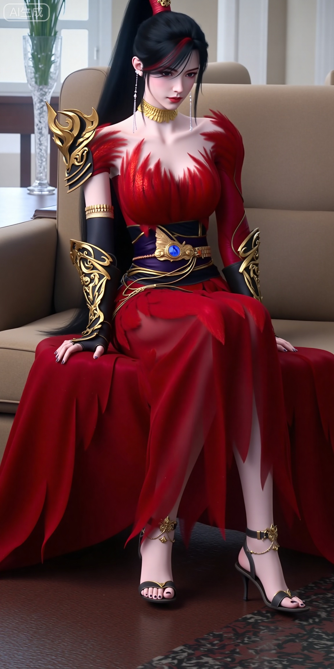 This is ZhaoXiangEr,  This is a highly detailed digital artwork of a female character with pale skin and long black hair tied in a high ponytail. She is wearing an elaborate red dress with gold accents and feather-like textures around the neckline and shoulders. Her armor includes gold and black gauntlets with intricate designs and a black and gold belt with a blue gem at the center. She has a gold choker necklace and long, dangling earrings,giving her a regal and confident expression. making the character the **** focus of the image. The style is realistic with a fantasy theme.

 (Full-body:1.4),background : Indoor, coffee table, window, vase, plant, chair,(High heel sandals:1.4),(Sitting: 1.4),(High heel sandals:1.4),(Full-body:1.4),(High heel sandals:1.4),(Full-body:1.4),