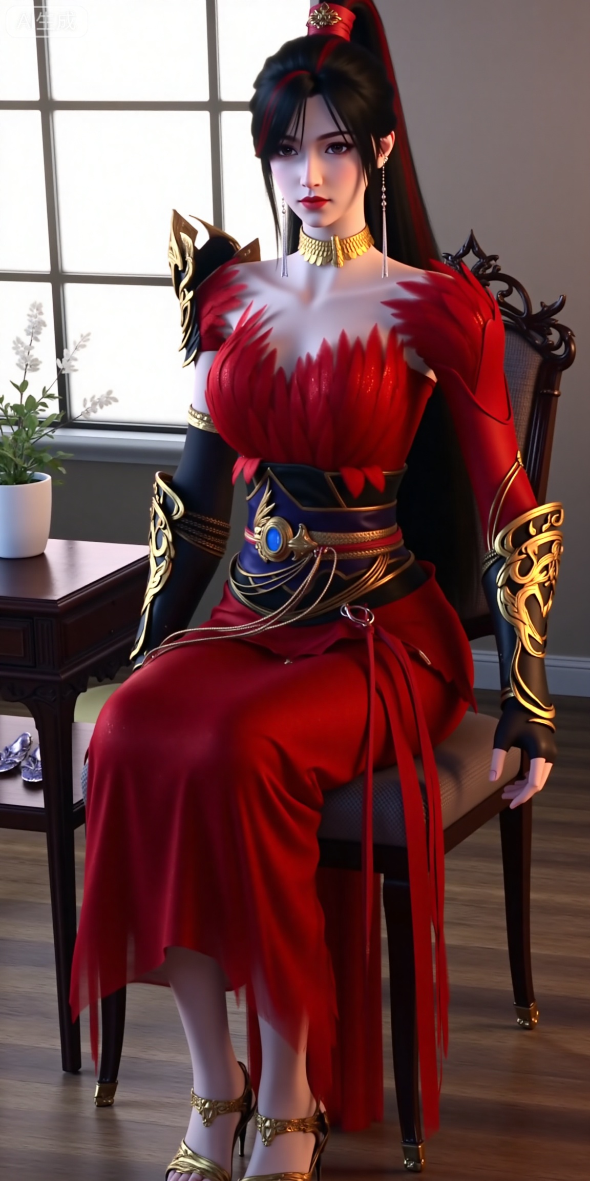 This is ZhaoXiangEr,  This is a highly detailed digital artwork of a female character with pale skin and long black hair tied in a high ponytail. She is wearing an elaborate red dress with gold accents and feather-like textures around the neckline and shoulders. Her armor includes gold and black gauntlets with intricate designs and a black and gold belt with a blue gem at the center. She has a gold choker necklace and long, dangling earrings,giving her a regal and confident expression. making the character the **** focus of the image. The style is realistic with a fantasy theme.

 (Full-body:1.4),background : Indoor, coffee table, window, vase, plant, chair,(High heel sandals:1.4),(Sitting: 1.4),(High heel sandals:1.4),(Full-body:1.4),(High heel sandals:1.4),(Full-body:1.4),
