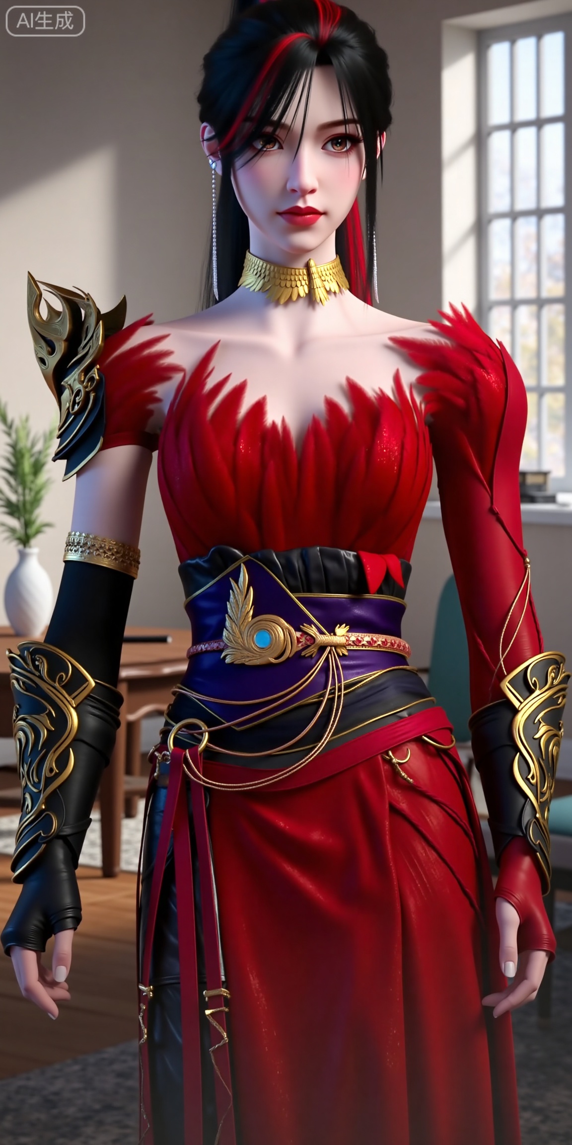 This is ZhaoXiangEr,  This is a highly detailed CGI image of a young woman with fair skin and long black hair featuring a red streak,with striking red highlights. She has large, expressive brown eyes and wears subtle pink lipstick. Her hair is styled in a high ponytail with loose strands framing her face. She is adorned with a gold choker necklace featuring intricate, leaf-like patterns, and long, dangling earrings with small pearl accents.She wears a red dress feathered garment that reveals her shoulders with gold accents and a deep blue, ornate belt featuring a central, gold winged emblem with a blue swirl.She wears black, armored gauntlets with gold detailing on her arms and a gold choker with intricate designs around her neck.She wears a gold choker necklace adorned with intricate, overlapping leaf-like patterns. Her ear is adorned with a long, silver earring.The image has a realistic, yet slightly stylized, 3D rendering aesthetic.
a single high-heeled sandal. The sandal features an open-toe design with intricate, metallic pink and gold detailing that includes ornate patterns and small, curved decorative elements. The strap is composed of thin, gold chains that crisscross over the foot and ankle, adding a delicate, elegant touch. The heel is black and slender, providing a sharp contrast to the colorful and ornate front of the sandal. The skin of the foot is light-toned and smooth, with a subtle sheen.(Full-body:1.4),background : Indoor, coffee table, window, vase, plant, chair,(High heel sandals:1.4),