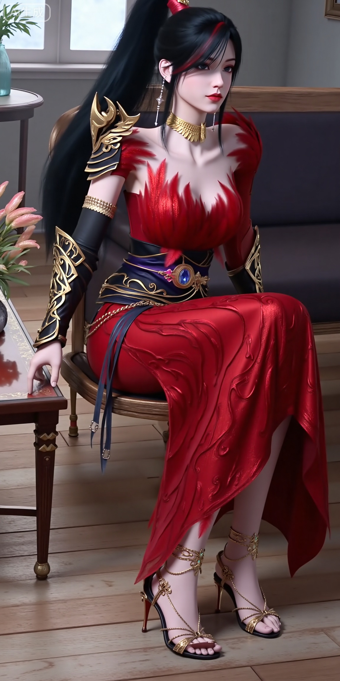 This is ZhaoXiangEr,  This is a highly detailed digital artwork of a female character with pale skin and long black hair tied in a high ponytail. She is wearing an elaborate red dress with gold accents and feather-like textures around the neckline and shoulders. Her armor includes gold and black gauntlets with intricate designs and a black and gold belt with a blue gem at the center. She has a gold choker necklace and long, dangling earrings,giving her a regal and confident expression. making the character the **** focus of the image. The style is realistic with a fantasy theme.

a single high-heeled sandal. The sandal features an open-toe design with intricate, metallic pink and gold detailing that includes ornate patterns and small, curved decorative elements. The strap is composed of thin, gold chains that crisscross over the foot and ankle, adding a delicate, elegant touch. The heel is black and slender, providing a sharp contrast to the colorful and ornate front of the sandal. The skin of the foot is light-toned and smooth, with a subtle sheen.(Full-body:1.4),background : Indoor, coffee table, window, vase, plant, chair,(High heel sandals:1.4),(Sitting: 1.4),(High heel sandals:1.4),(Full-body:1.4),(High heel sandals:1.4),(Full-body:1.4),