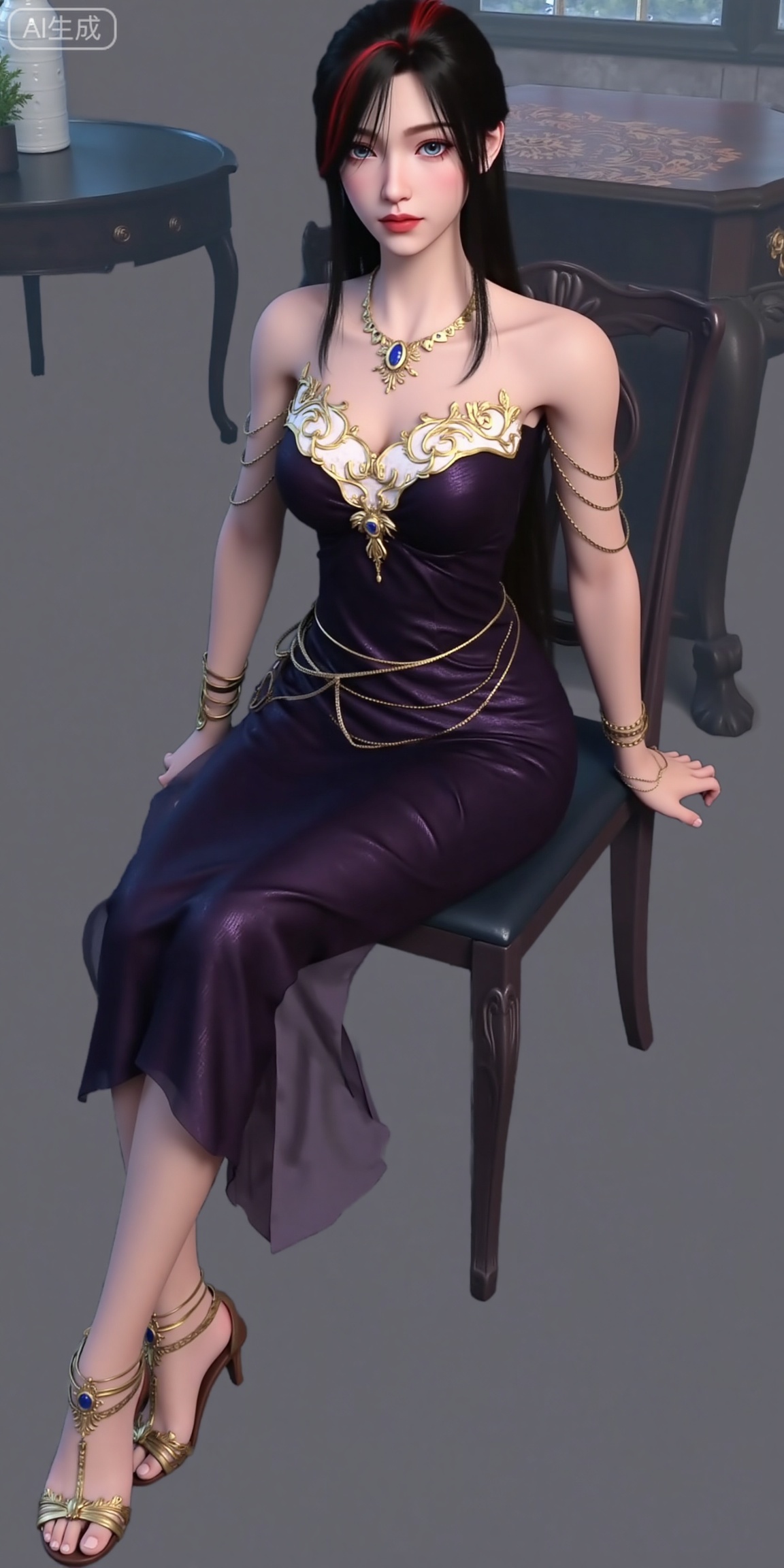 This is ZhaoXiangEr,  This is ZhaoXiangEr,  This digital artwork features a young woman with fair skin and long, straight black hair with a hint of red highlights. She has large, expressive blue eyes and full, pink lips. She wears a dark purple, strapless dress adorned with intricate gold and white patterns on the chest and shoulders. Her outfit includes a gold necklace with a blue gem and matching arm bands. The background is a simple, muted gray, drawing focus to the detailed, semi-realistic character. The style blends realism with a touch of fantasy, emphasizing her elegant and ethereal appearance. The lighting highlights her delicate features and the textures of her clothing.

 (Full-body:1.4),background : Indoor, coffee table, window, vase, plant, chair,(high-heeled sandal:1.4),(Sitting: 1.4),The sandal has thin gold chains connecting the straps, The toenails are neatly trimmed.