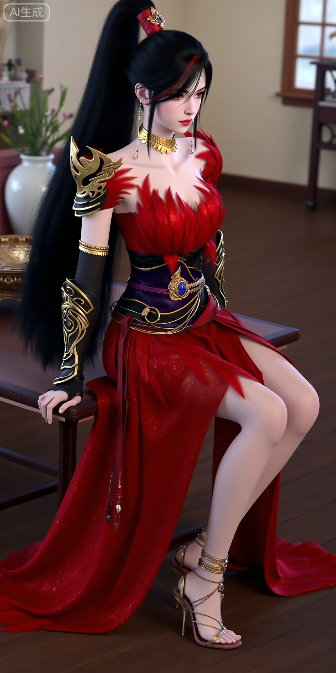 This is ZhaoXiangEr,  This is a highly detailed digital artwork of a female character with pale skin and long black hair tied in a high ponytail. She is wearing an elaborate red dress with gold accents and feather-like textures around the neckline and shoulders. Her armor includes gold and black gauntlets with intricate designs and a black and gold belt with a blue gem at the center. She has a gold choker necklace and long, dangling earrings,giving her a regal and confident expression. making the character the **** focus of the image. The style is realistic with a fantasy theme.

 (Full-body:1.4),background : Indoor, coffee table, window, vase, plant, chair,(high-heeled sandal:1.4),(Sitting: 1.4),The sandal has thin gold chains connecting the straps, The toenails are neatly trimmed.