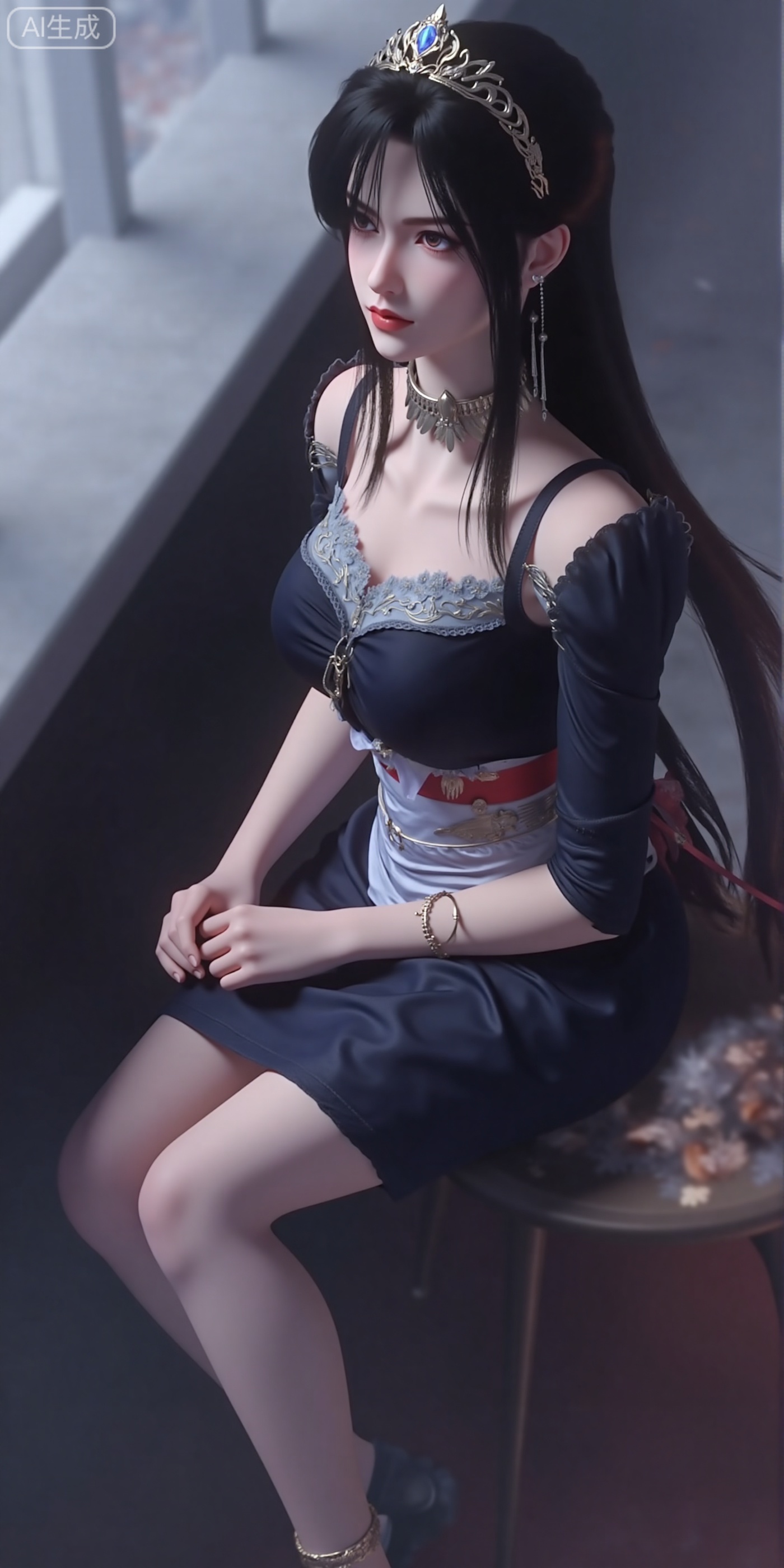 1girl,( Black hair:1.4),sitting,dreamy light,(8k, RAW photo, best quality, masterpiece:1.2),(realistic, photo fidelity:1.3),ultra fine,ultra fine cg 8k wallpaper,(Maid dress:1.4),ZhaoXiangEr