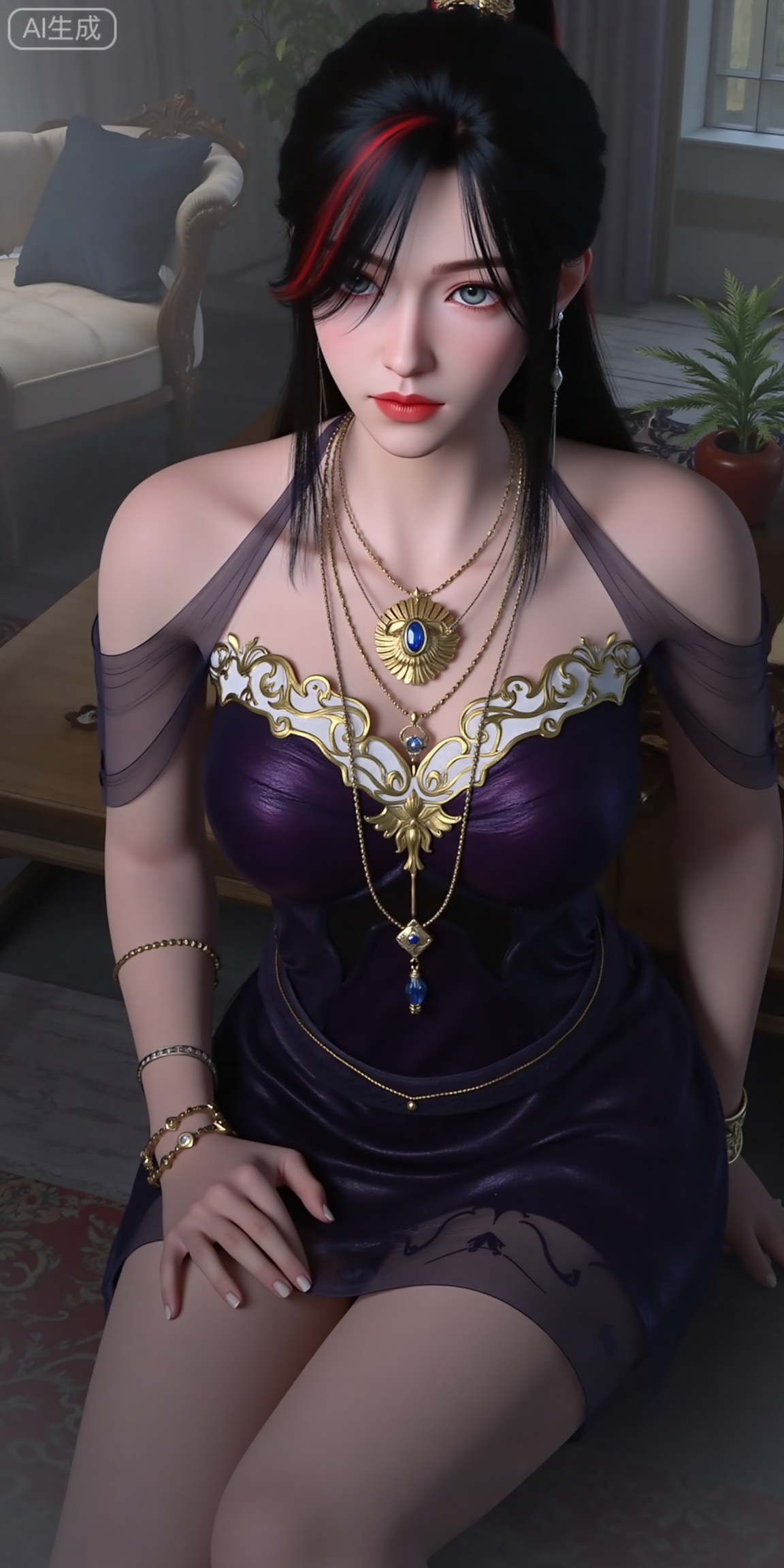 This is ZhaoXiangEr,  This is ZhaoXiangEr,  This digital artwork features a young woman with fair skin and long, straight black hair with a hint of red highlights. She has large, expressive blue eyes and full, pink lips. She wears a dark purple, strapless dress adorned with intricate gold and white patterns on the chest and shoulders. Her upper chest adorned with multiple gold necklaces. The central necklace features a large, ornate pendant with a blue gem at its center, surrounded by intricate gold designs. Another necklace with a smaller blue gem is positioned just below it, muted gray, drawing focus to the detailed, semi-realistic character. The style blends realism with a touch of fantasy, emphasizing her elegant and ethereal appearance. The lighting highlights her delicate features and the textures of her clothing.

 (Full-body:1.4),background : Indoor, coffee table, window, vase, plant, chair,(high-heeled sandal:1.4),(Sitting: 1.4),The sandal has thin gold chains connecting the straps, The toenails are neatly trimmed.