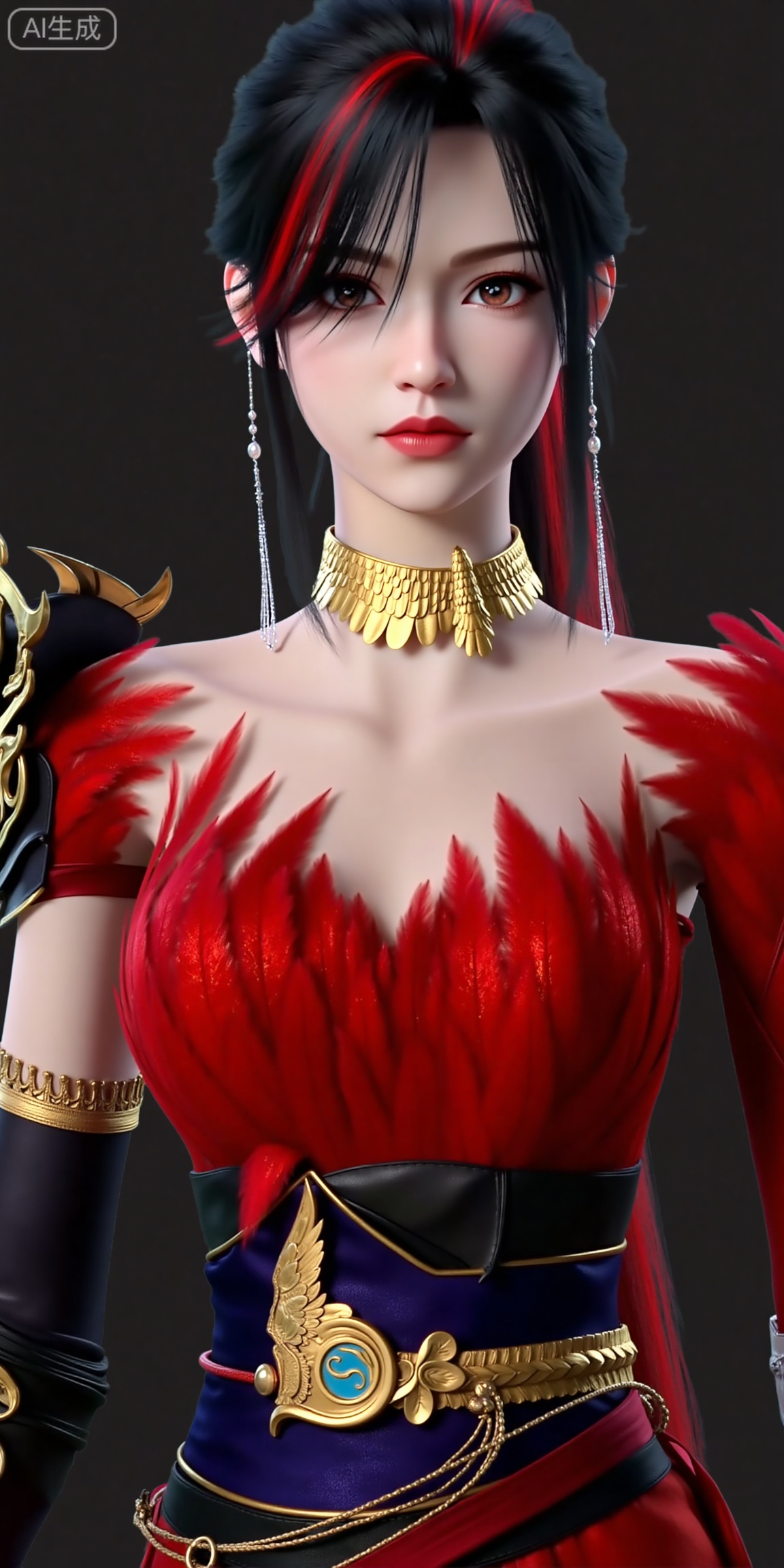 This is ZhaoXiangEr,  This is a highly detailed CGI image of a young woman with fair skin and long black hair featuring a red streak,with striking red highlights. She has large, expressive brown eyes and wears subtle pink lipstick. Her hair is styled in a high ponytail with loose strands framing her face. She is adorned with a gold choker necklace featuring intricate, leaf-like patterns, and long, dangling earrings with small pearl accents.She wears a red dress feathered garment that reveals her shoulders with gold accents and a deep blue, ornate belt featuring a central, gold winged emblem with a blue swirl.She wears black, armored gauntlets with gold detailing on her arms and a gold choker with intricate designs around her neck.She wears a gold choker necklace adorned with intricate, overlapping leaf-like patterns. Her ear is adorned with a long, silver earring.The image has a realistic, yet slightly stylized, 3D rendering aesthetic.