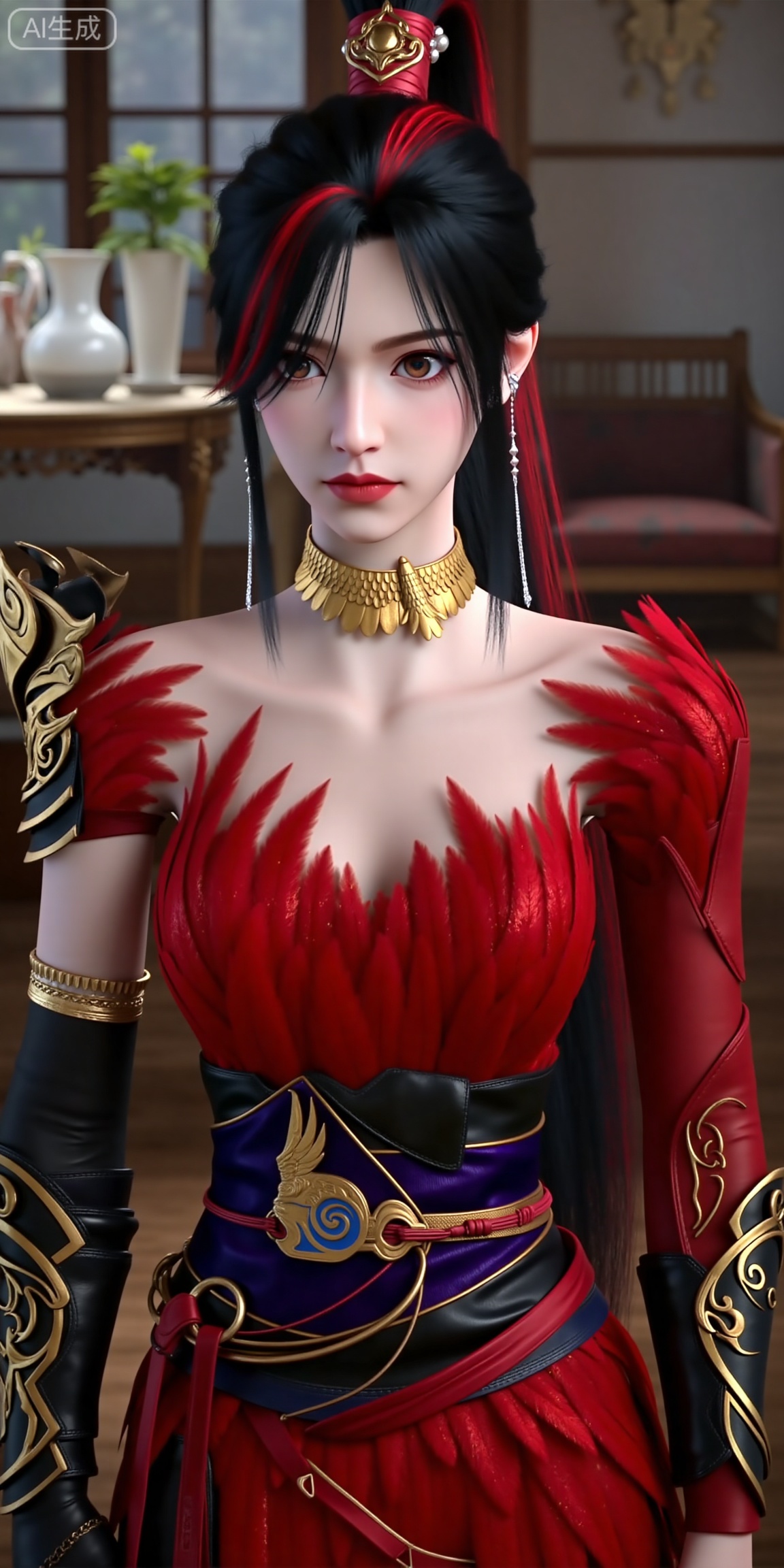 This is ZhaoXiangEr,  This is a highly detailed CGI image of a young woman with fair skin and long black hair featuring a red streak,with striking red highlights. She has large, expressive brown eyes and wears subtle pink lipstick. Her hair is styled in a high ponytail with loose strands framing her face. She is adorned with a gold choker necklace featuring intricate, leaf-like patterns, and long, dangling earrings with small pearl accents.She wears a red dress feathered garment that reveals her shoulders with gold accents and a deep blue, ornate belt featuring a central, gold winged emblem with a blue swirl.She wears black, armored gauntlets with gold detailing on her arms and a gold choker with intricate designs around her neck.She wears a gold choker necklace adorned with intricate, overlapping leaf-like patterns. Her ear is adorned with a long, silver earring.The image has a realistic, yet slightly stylized, 3D rendering aesthetic.
background : Indoor, coffee table, window, vase, plant, chair,