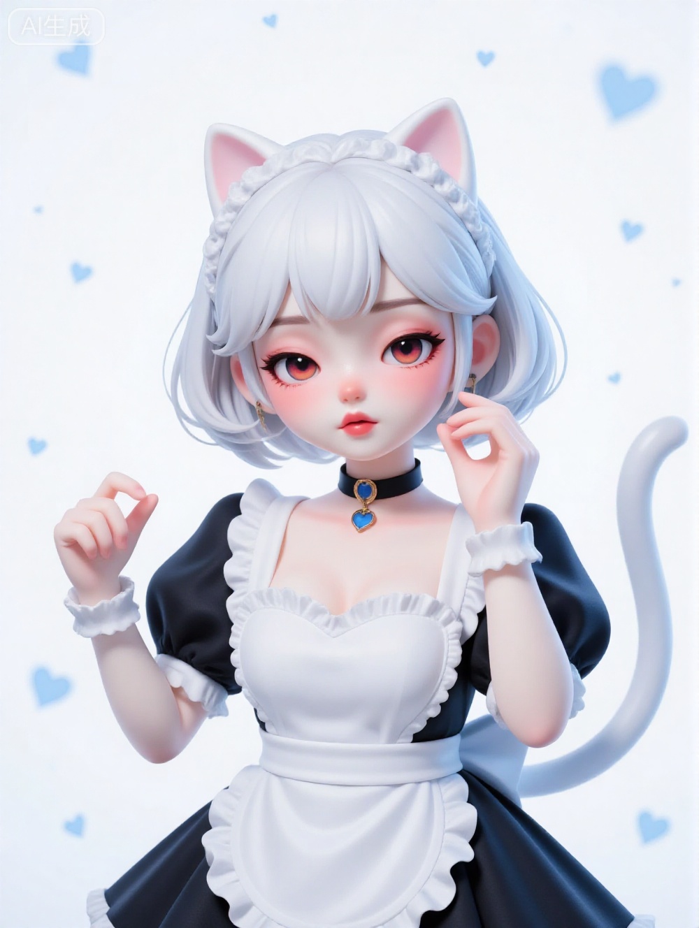 1girl, solo, breasts, looking at viewer, blush, short hair, bangs, simple background, red eyes, white background, dress, animal ears, medium breasts, closed mouth, collarbone, tail, upper body, ahoge, white hair, short sleeves, heart, frills, choker, puffy sleeves, cat ears, hair over one eye, apron, black dress, puffy short sleeves, cat tail, parted bangs, wrist cuffs, maid, hands up, eyes visible through hair, waist apron, white apron, frilled apron, frilled choker ,backlighting,blue and white theme,depth of field,cinematic lighting,light particles,lens flare, extreme aesthetic,(wlop:1.0),masterpiece,best quality,good quality,newest,very aesthetic,absurdres,A shot with tension, 32K UHD,sharp focus,best-quality,masterpiece,Emotionalization,temperate atmosphere,with a high-end texture,in the style of fashion photography, (Visual impact:1.2),impactful picture,offcial art,colorful,movie perspective, masterpiece

负向提示