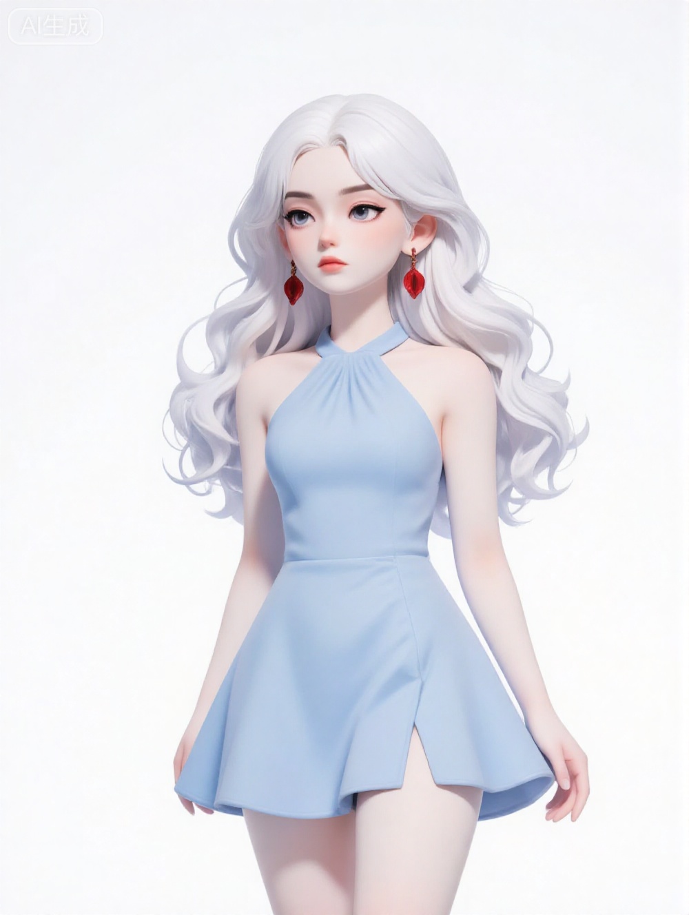 , The image is a digital illustration of a young woman with long, flowing white hair. She is wearing a light blue dress with a halter neckline and a thigh-high slit. Her hair is styled in loose waves and cascades down her back. She has red earrings and is looking off to the side with a serious expression on her face. The background is plain white.