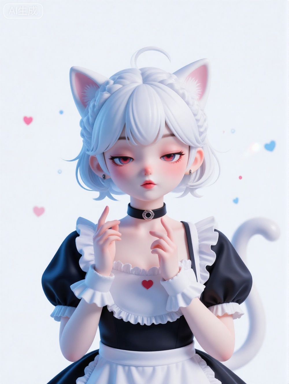 1girl, solo, breasts, looking at viewer, blush, short hair, bangs, simple background, red eyes, white background, dress, animal ears, medium breasts, closed mouth, collarbone, tail, upper body, ahoge, white hair, short sleeves, heart, frills, choker, puffy sleeves, cat ears, hair over one eye, apron, black dress, puffy short sleeves, cat tail, parted bangs, wrist cuffs, maid, hands up, eyes visible through hair, waist apron, white apron, frilled apron, frilled choker ,backlighting,blue and white theme,depth of field,cinematic lighting,light particles,lens flare, extreme aesthetic,(wlop:1.0),masterpiece,best quality,good quality,newest,very aesthetic,absurdres,A shot with tension, 32K UHD,sharp focus,best-quality,masterpiece,Emotionalization,temperate atmosphere,with a high-end texture,in the style of fashion photography, (Visual impact:1.2),impactful picture,offcial art,colorful,movie perspective, masterpiece

负向提示