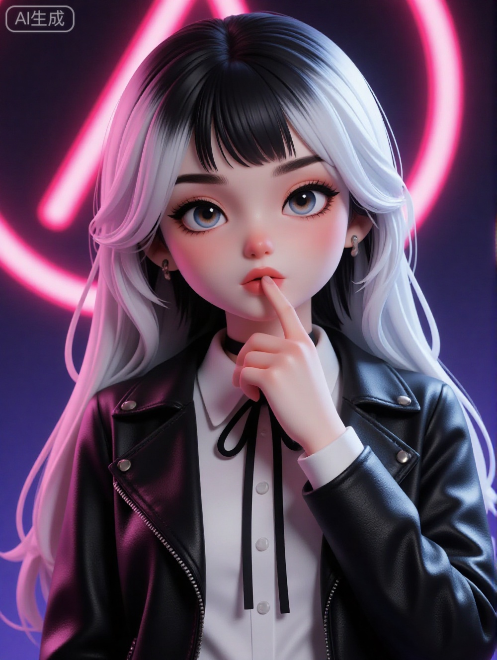 A highly detailed CGI image of a young woman with long, straight, two-toned hair (black and white) and fair skin. She wears a black leather jacket over a white shirt, with a black ribbon around her neck. She has a serious expression, touching her lips with her finger. Background features a glowing, neon-lit A sign.
