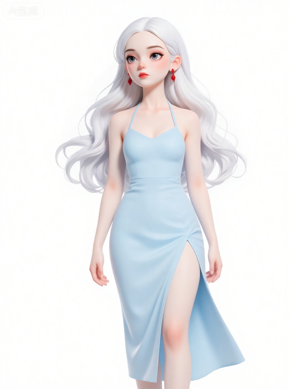 , The image is a digital illustration of a young woman with long, flowing white hair. She is wearing a light blue dress with a halter neckline and a thigh-high slit. Her hair is styled in loose waves and cascades down her back. She has red earrings and is looking off to the side with a serious expression on her face. The background is plain white.