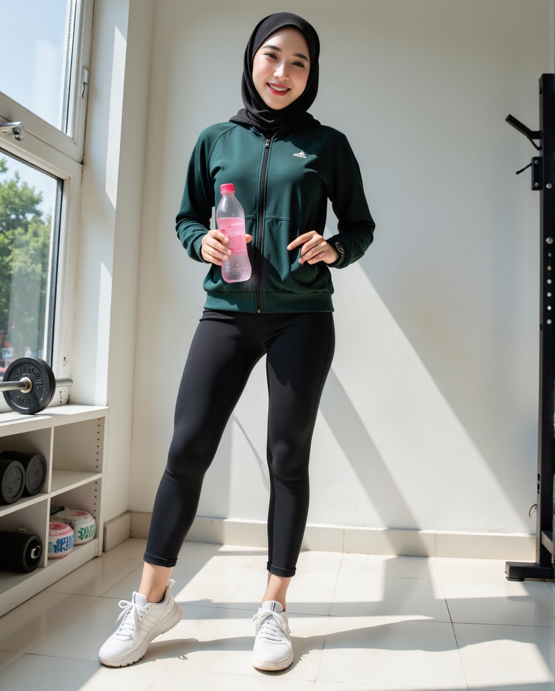A woman stands confidently,  exuding a sexy yet empowering aura. She wears a black hijab,  a dark green running long-sleev...