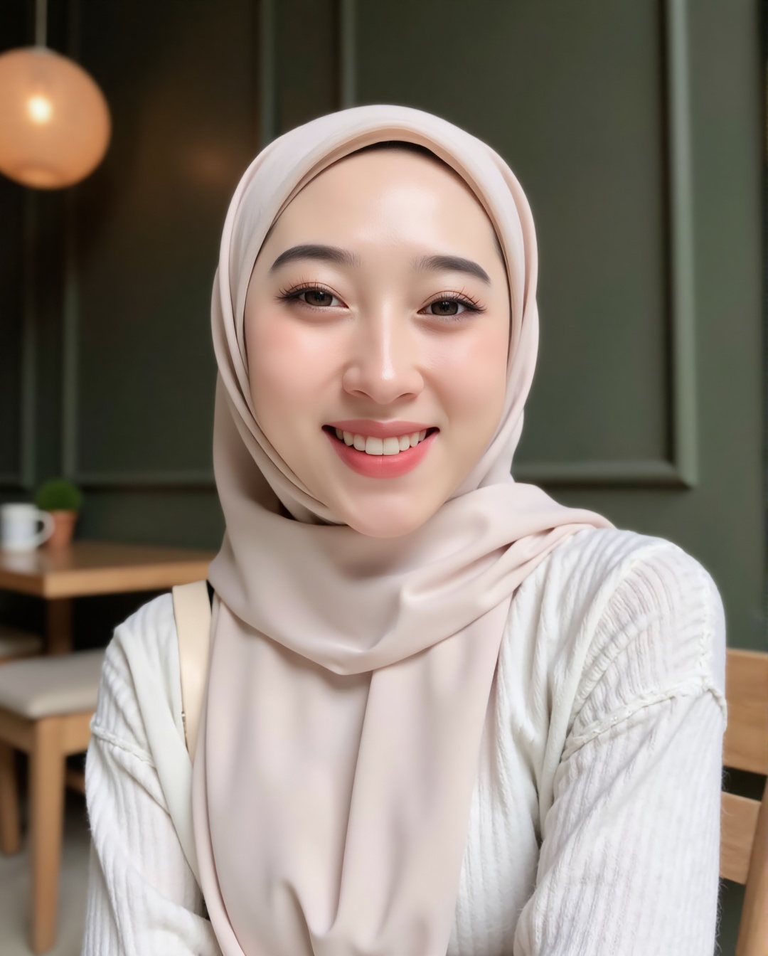 Closeup shot of a woman wearing a cream-colored hijab and a white long-sleeve top,  inside a cozy cafe. She has simple,  e...
