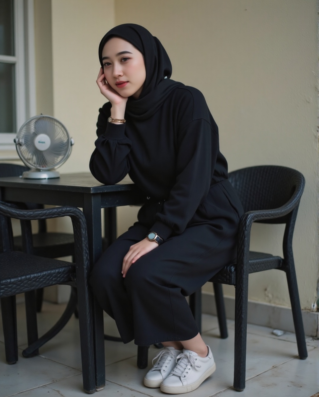 The image shows a woman sitting on a black chair at an outdoor table. She is wearing a black hijab and a black long sleeve...