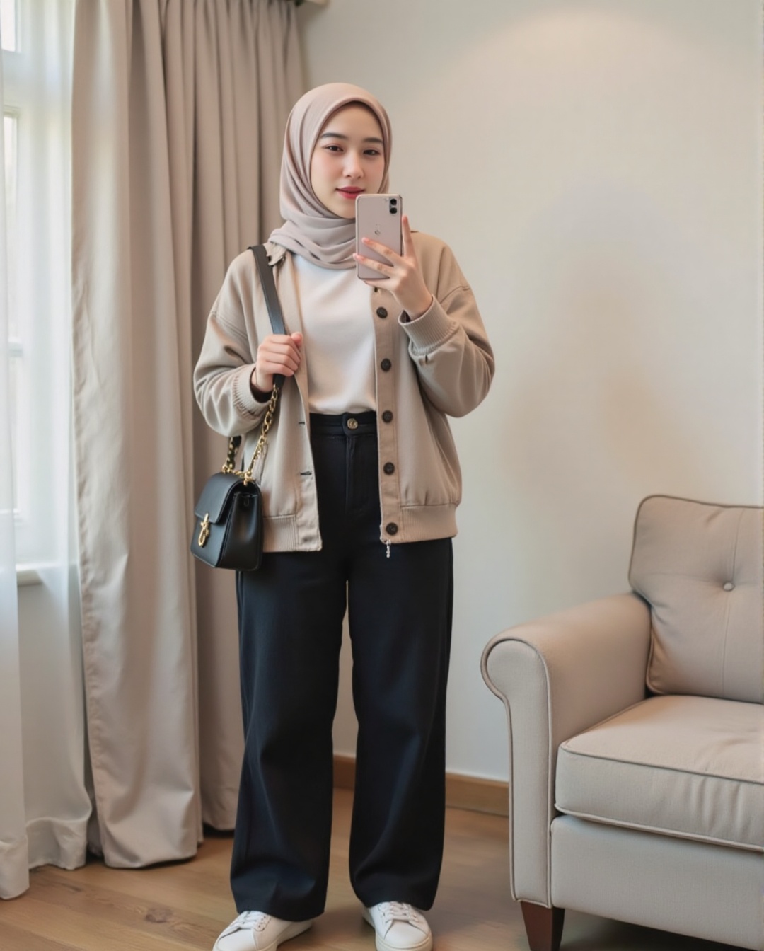 The image shows a woman standing indoors,  taking a selfie. She is wearing a beige hijab,  a white turtleneck on Tensor.Art