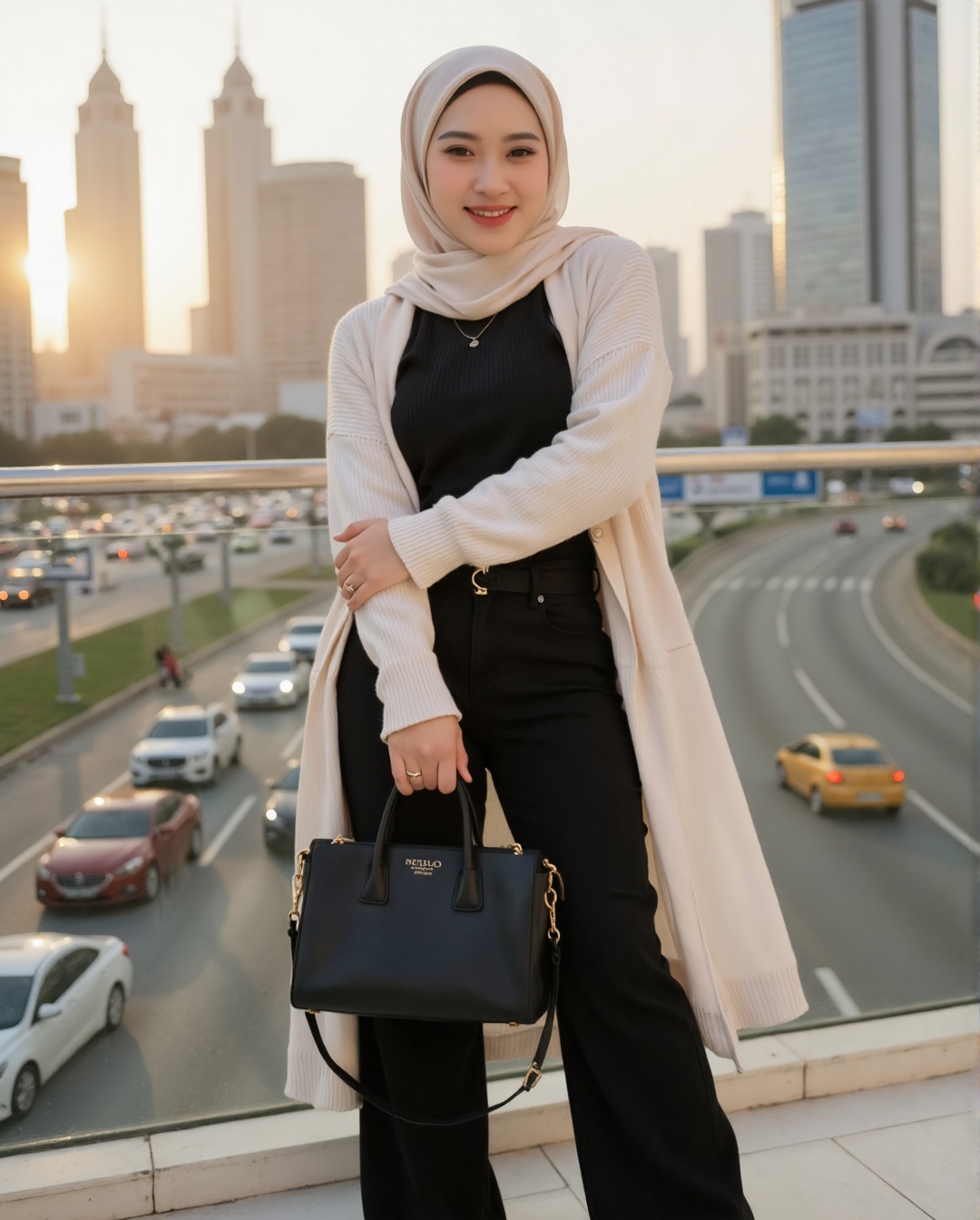 A woman exudes confidence in a sexy yet elegant ensemble,  adorned with a creamy-colored hijab and a white knitted outer l...