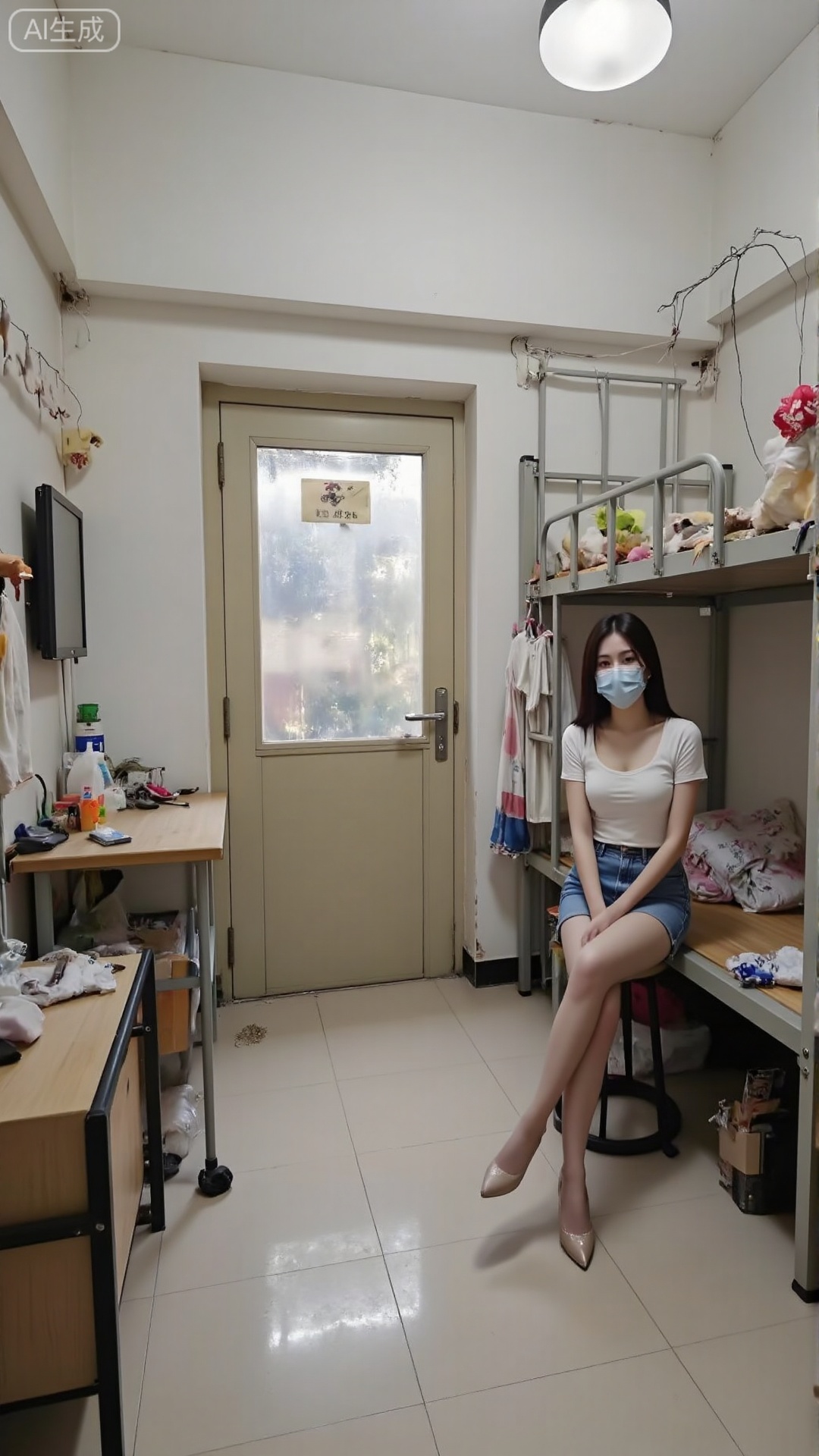 The picture is very tense.,  a girl is wearing a mask and Denim shorts are close-fitting,  sitting by the bed and looking...