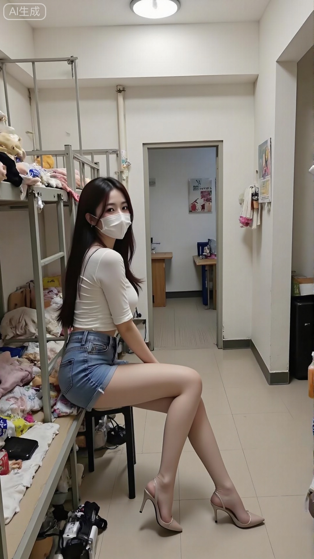 a girl is wearing a mask and Denim shorts are close-fitting,  sitting by the bed and looking at the camera. The background...