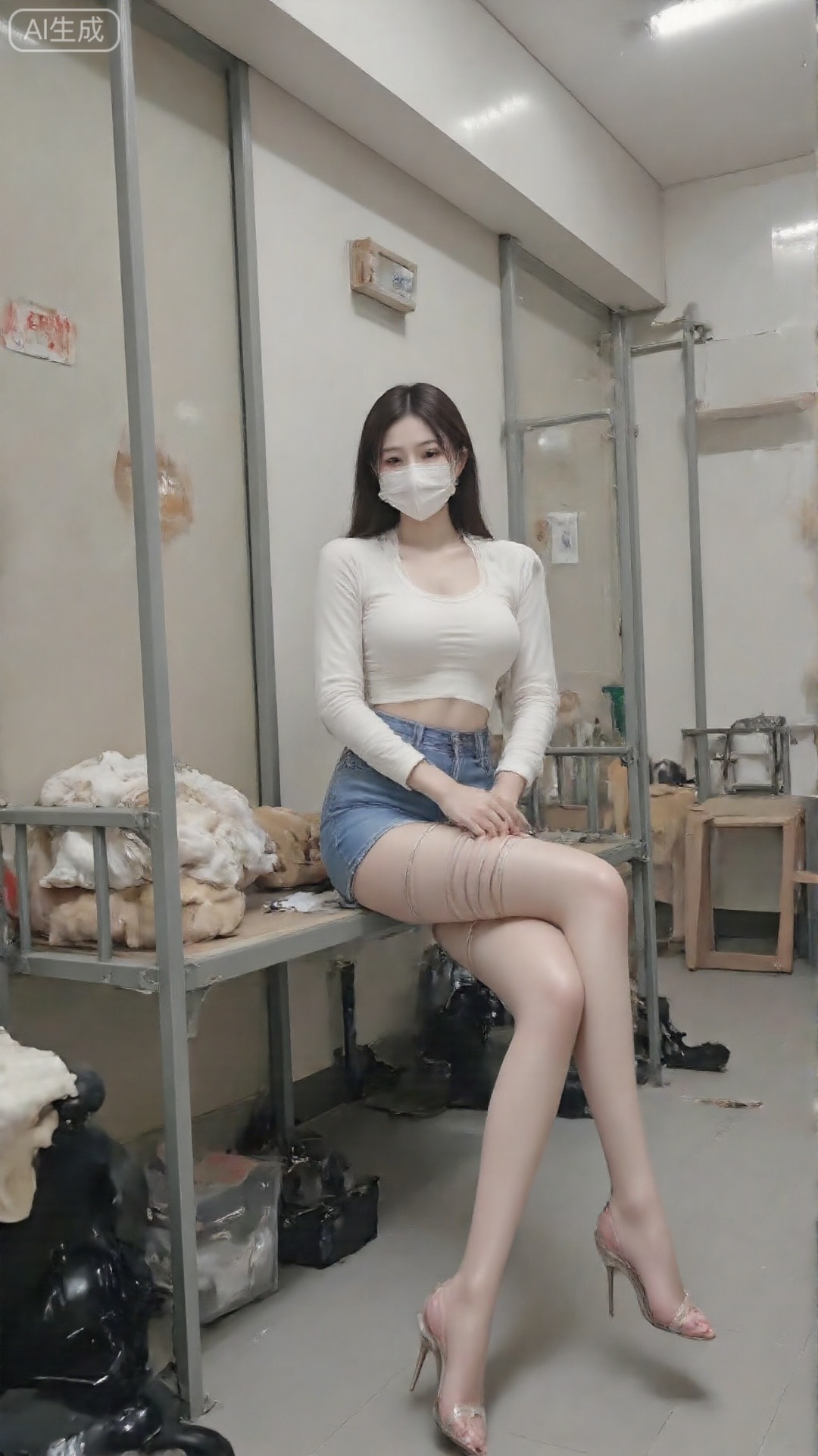 a girl is wearing a mask and Denim shorts are close-fitting,  sitting by the bed and looking at the camera. The background...