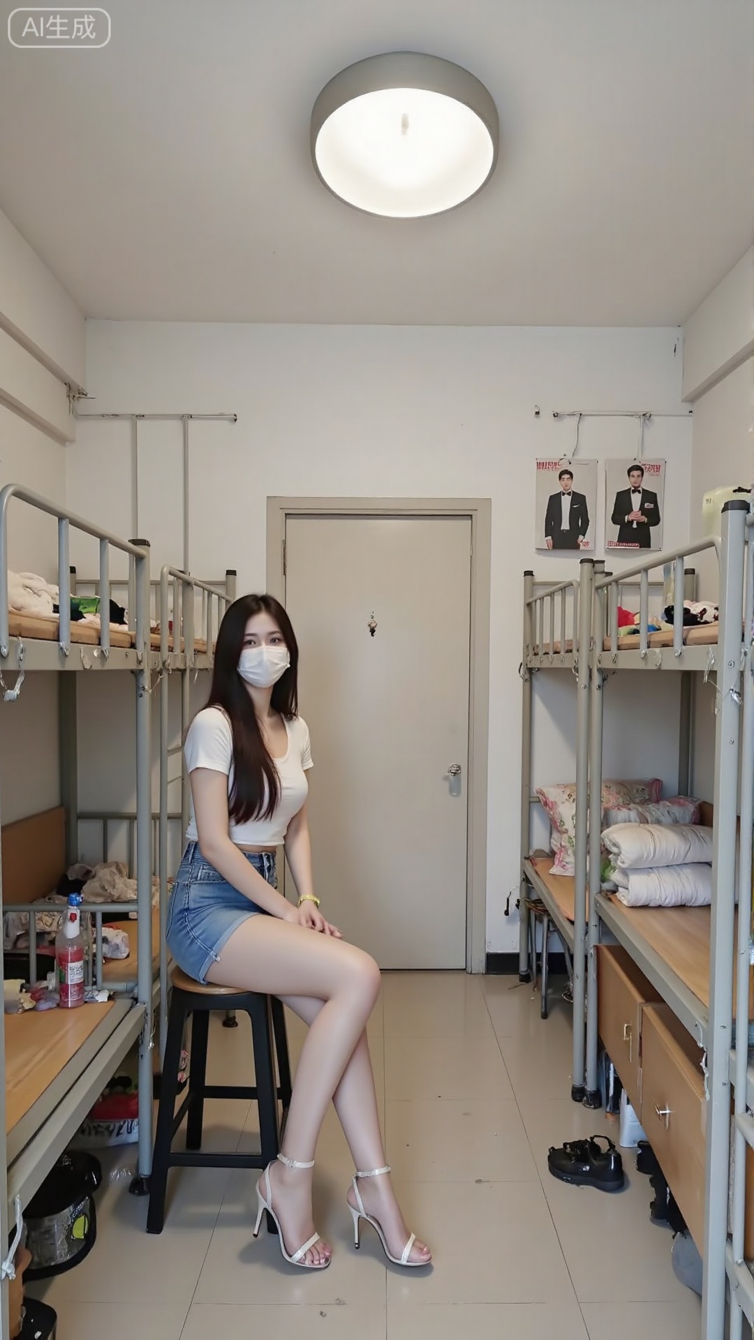 a girl is wearing a mask and Denim shorts are close-fitting,  sitting by the bed and looking at the camera. The background...