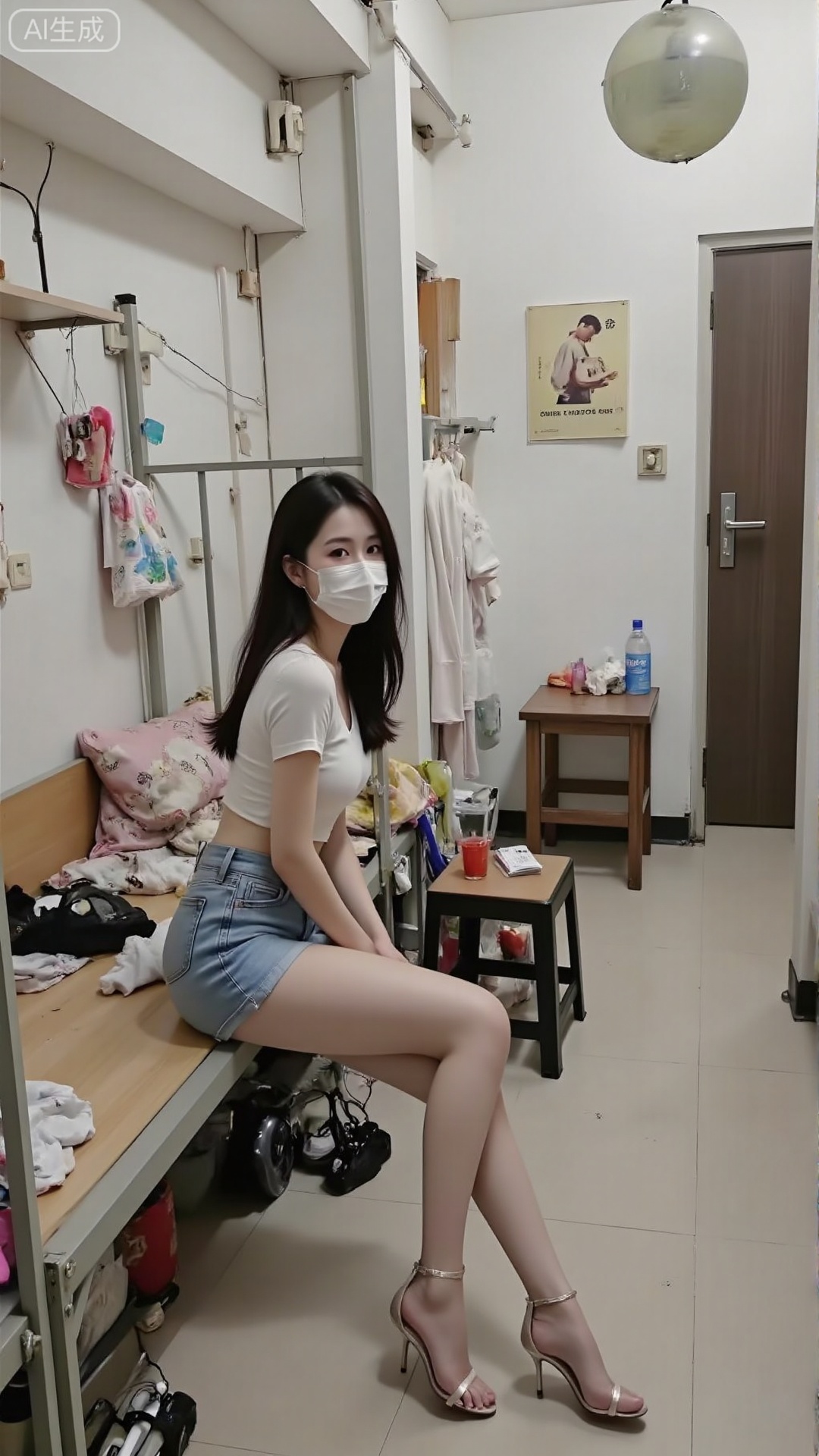 a girl is wearing a mask and Denim shorts are close-fitting,  sitting by the bed and looking at the camera. The background...