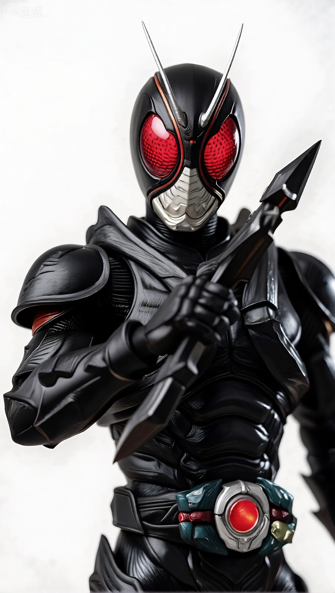 solo, looking at viewer, red eyes, 1boy, upper body, weapon, male focus, armor, bodysuit, tokusatsu