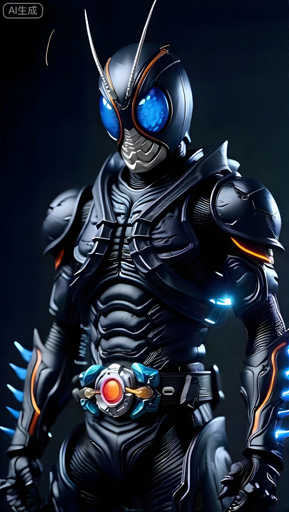 solo, blue eyes, 1boy, male focus, belt, armor, bodysuit, glowing, spikes, tokusatsu