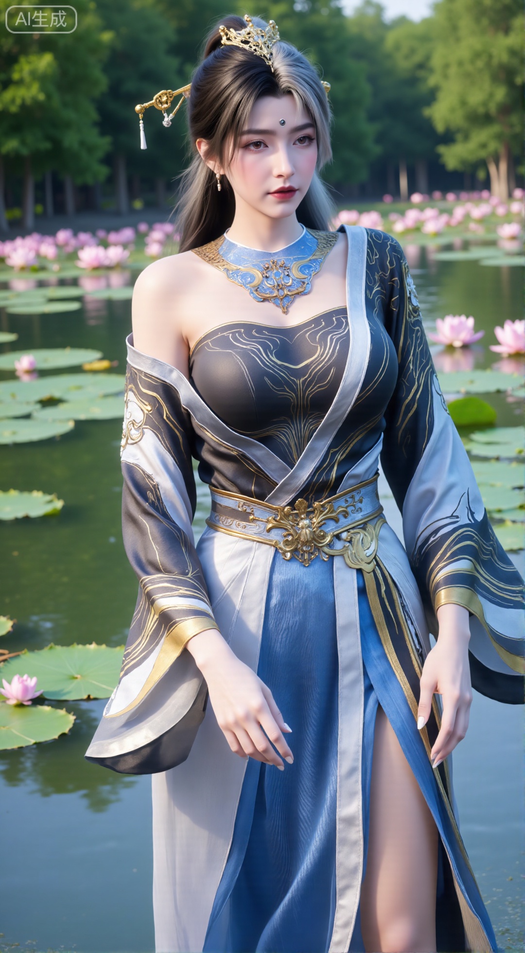 (masterpiece, best quality:1.2),1girl, navel, solo, midriff, bare shoulders, hair ornament,(long hair),(High double ponytail:1.49), red lips, BREAK, (looking at viewer:1.39), chinese clothes,(Holographic Color long dress:1.36), (lace,Rainbow Gradient Color:1.28), BREAK,blurry, solo focus, long hair, lips, daytime, lipstick, outdoors, standing,upper body,(huge breasts:2.89), background, solo, makeup,(Stockings, high heels:1.29),(huge breasts:2.99),(full breasts:2.99),,(Background with lotus pond and pink lotus flowers:1.39),,,Xbigbreasts,XbaifengsongyuYH,XzhouzimoH,XliancangH,XmupeilingHongyi,XyinyueX3,Xmaoyibaizhequn,XpikaqiuTX,XmupeulingHY3,XmupeulingHY2,XtangwutongXnb,Xyinyangjiaoshengnv