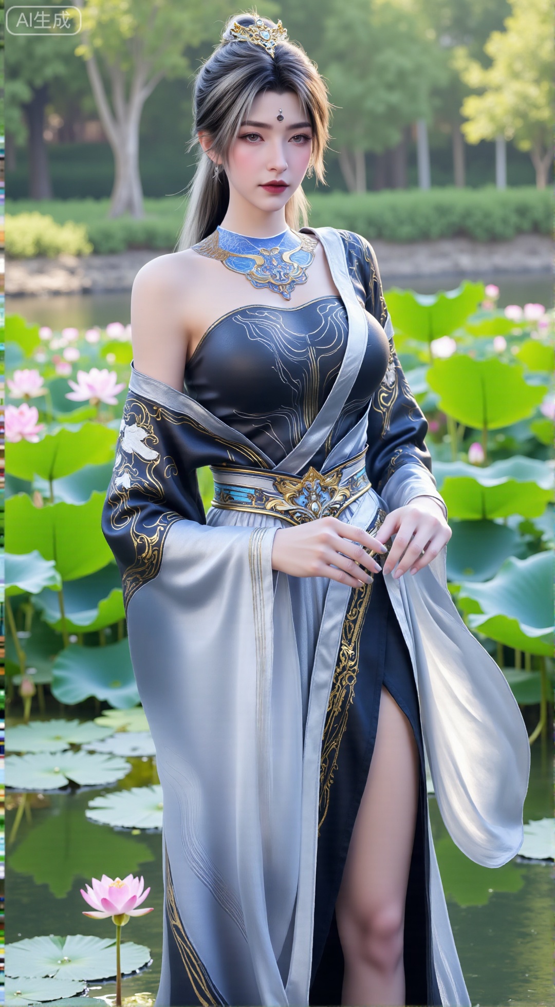 (masterpiece, best quality:1.2),1girl, navel, solo, midriff, bare shoulders, hair ornament,(long hair),(High double ponytail:1.49), red lips, BREAK, (looking at viewer:1.39), chinese clothes,(Holographic Color long dress:1.36), (lace,Rainbow Gradient Color:1.28), BREAK,blurry, solo focus, long hair, lips, daytime, lipstick, outdoors, standing,upper body,(huge breasts:2.89), background, solo, makeup,(Stockings, high heels:1.29),(huge breasts:2.99),(full breasts:2.99),,(Background with lotus pond and pink lotus flowers:1.39),,,Xbigbreasts,XbaifengsongyuYH,XzhouzimoH,XliancangH,XmupeilingHongyi,XyinyueX3,Xmaoyibaizhequn,XpikaqiuTX,XmupeulingHY3,XmupeulingHY2,XtangwutongXnb,Xyinyangjiaoshengnv