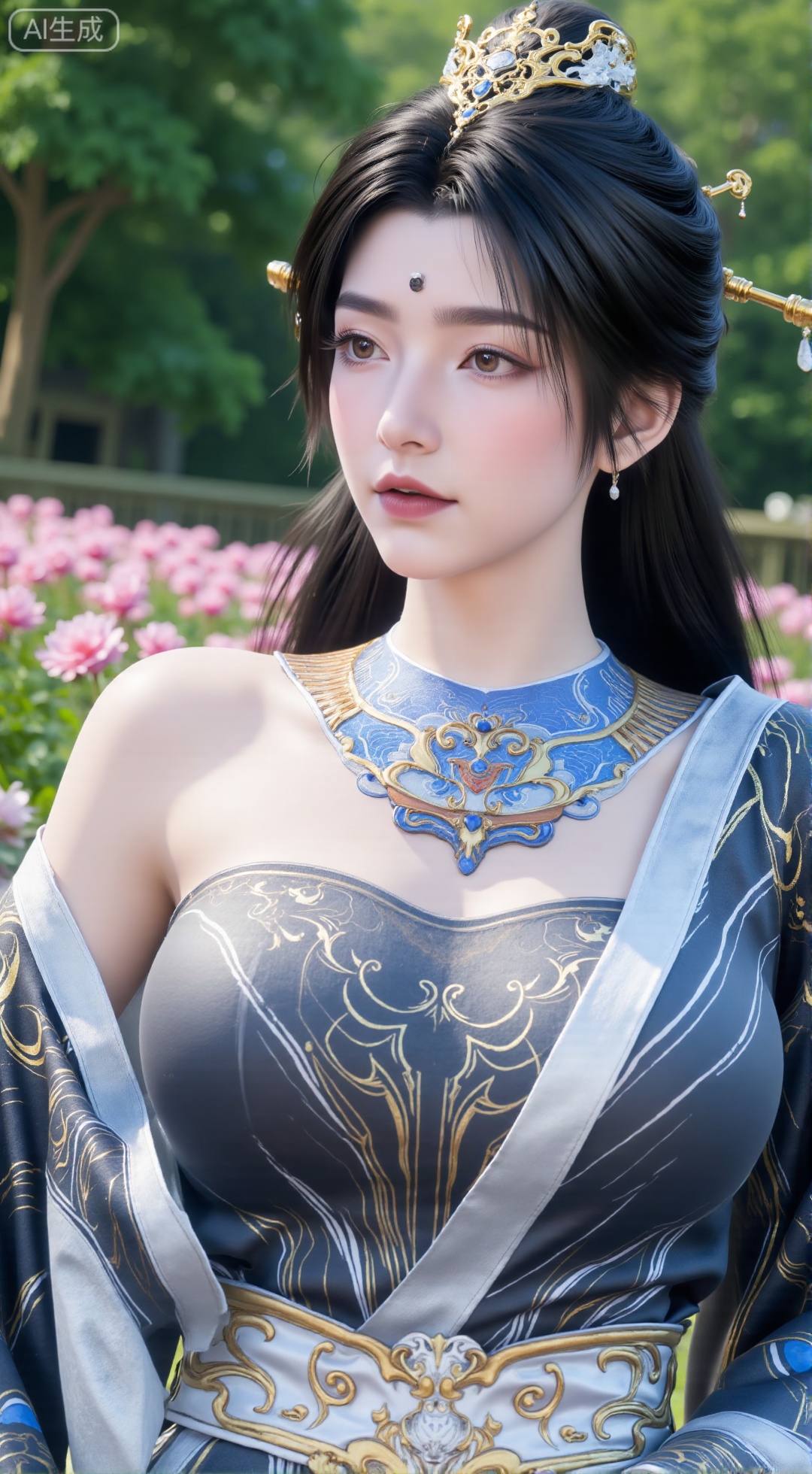 (masterpiece:1.2),best quality,,A woman adorned in traditional Chinese attire,( dress,black long hair),featuring a flowing robe with intricate embroidery and floral accents. A garden filled with pink roses and lush greenery. Soft pastel hues of white,blue,and green,creating a serene atmosphere. Photorealistic photography.,(huge breasts:2.99),(full breasts:2.99),,,Xbigbreasts,XbaifengsongyuYH,XzhouzimoH,XliancangH,XmupeilingHongyi,XyinyueX3,Xmaoyibaizhequn,XpikaqiuTX,XmupeulingHY3,XmupeulingHY2,XtangwutongXnb,Xyinyangjiaoshengnv