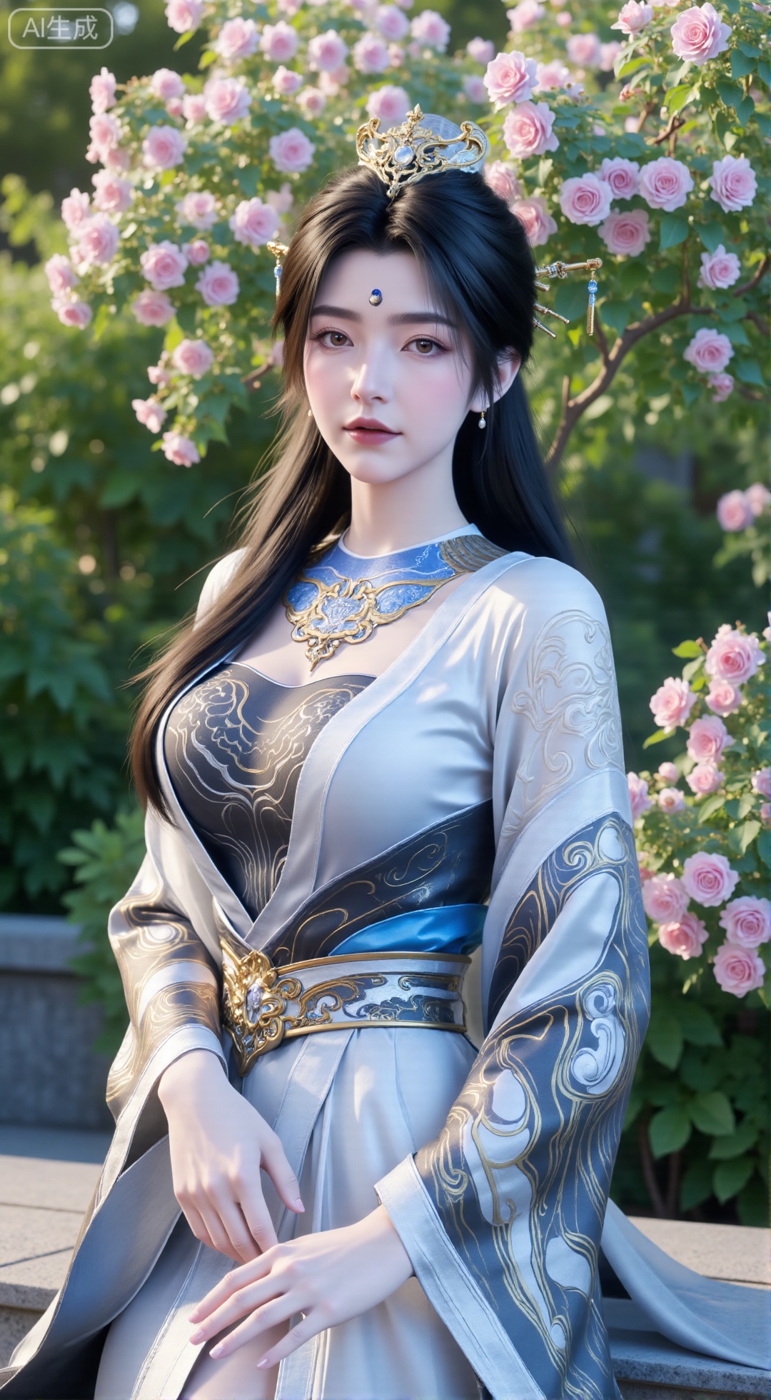 (masterpiece:1.2),best quality,,A woman adorned in traditional Chinese attire,( dress,black long hair),featuring a flowing robe with intricate embroidery and floral accents. A garden filled with pink roses and lush greenery. Soft pastel hues of white,blue,and green,creating a serene atmosphere. Photorealistic photography.,(huge breasts:2.99),(full breasts:2.99),,,Xbigbreasts,XbaifengsongyuYH,XzhouzimoH,XliancangH,XmupeilingHongyi,XyinyueX3,Xmaoyibaizhequn,XpikaqiuTX,XmupeulingHY3,XmupeulingHY2,XtangwutongXnb,Xyinyangjiaoshengnv