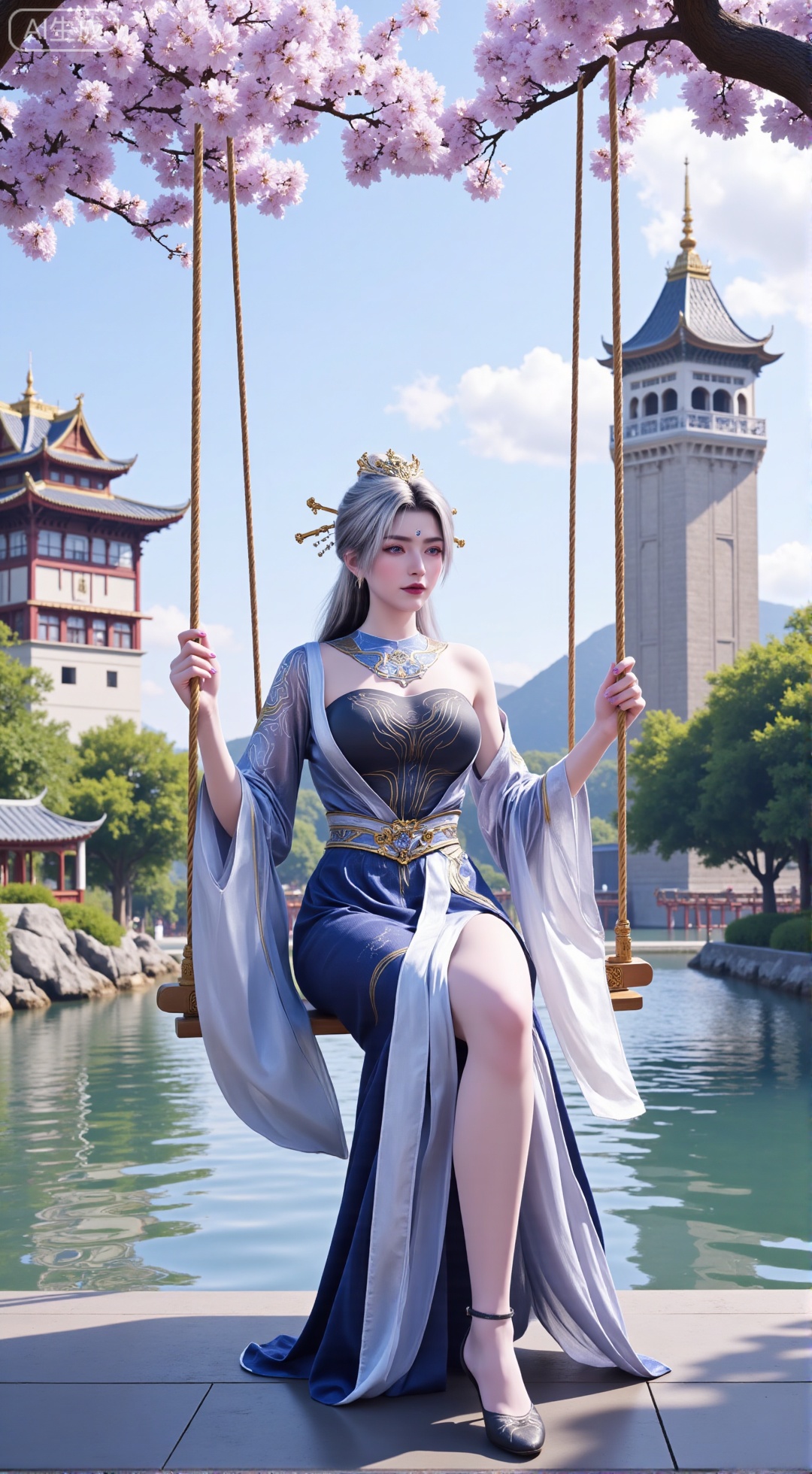 (masterpiece, top quality, best quality, official art, beautiful and aesthetic:1.2),Dynamic posture,(Sitting on the swing:1.39),natural skin texture,(Milky skin:1.2),1gir,solo,long Dress, (Long legs, perfect proportions:1.2),(Sakura, butterfly:1.29),(huge breasts:2.99),(full breasts:2.99),Wisteria, wisteria flowers, castle, waterfall, mountains in the distance,,,Xbigbreasts,XbaifengsongyuYH,XzhouzimoH,XliancangH,XmupeilingHongyi,XyinyueX3,Xmaoyibaizhequn,XpikaqiuTX,XmupeulingHY3,XmupeulingHY2,XtangwutongXnb,Xyinyangjiaoshengnv