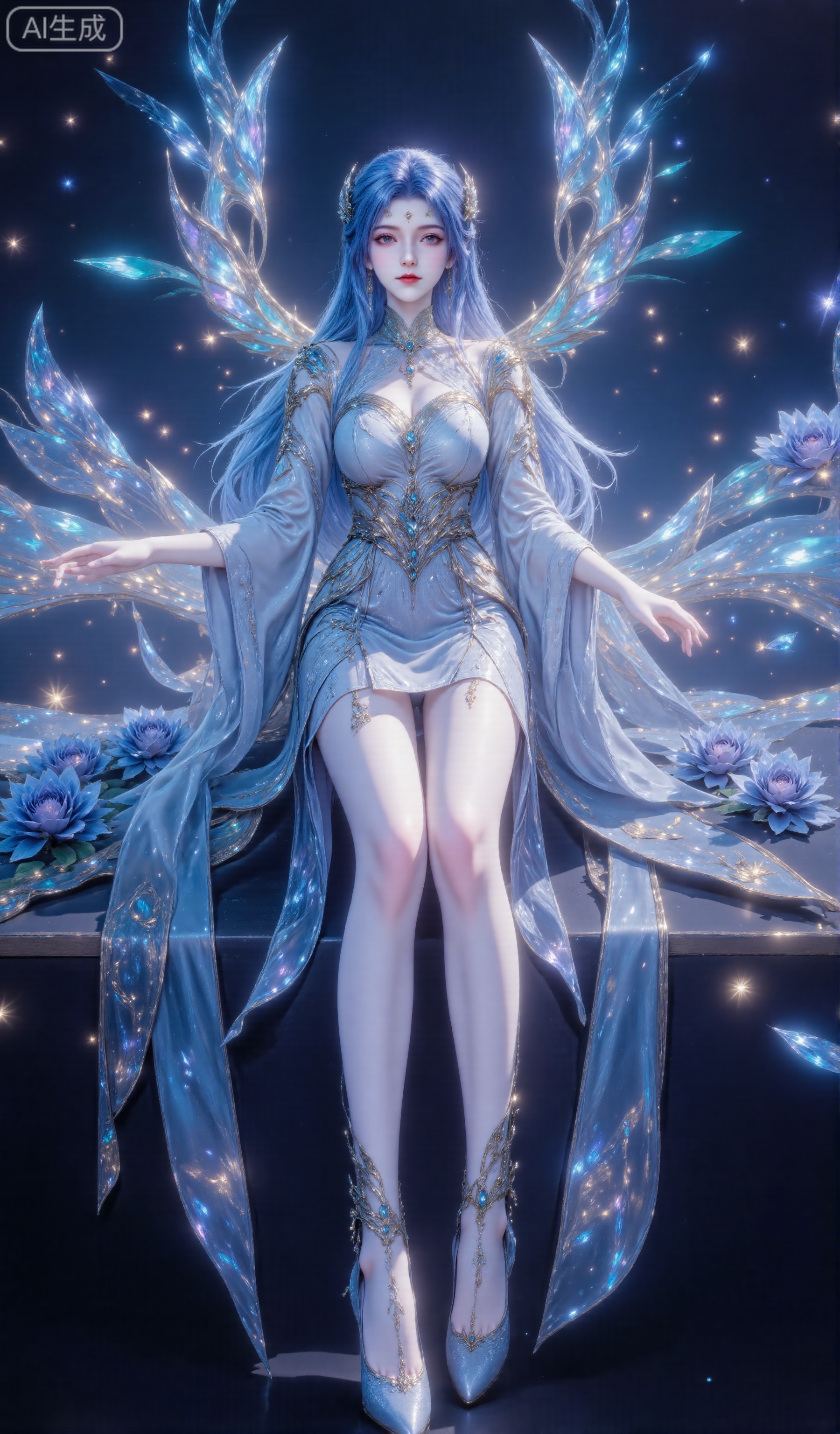 8K 3D rendering masterpiece·16K PBR material·Movie-grade volumetric light·Anatomical accuracy
Role:
- Close-up of the whole body of a single female (55% of the picture),
- Blue hair (12k polygonal hair, 30% braided style)
- Hair accessories (6 crystal decorations, refractive index 1.55)
- Makeup: - Lips (matte red, roughness 0.3, highlight 0.7) - Eyes (purple iris texture, corneal moisture 85%)
- Clothing: blue and white clothes, skirt wai
Pose: Rely. Slim legs on the ground.
Background: On a black background, there is a transparent envelope with dark blue roses, full and beautiful flowers. The surroundings are dotted with a large number of twinkling stars, tiny sequins and crystal-like decorations, which emit a dazzling light as a whole. The style is a fantasy and gorgeous fairy tale style
Rendering:
- Ray tracing (16 samples per pixel)
- Global Lighting (2 million photons)
- Skin shader (5 layers of material)
- Fabric Physical Effects (Simulated with Marvelous Designer) XtangwutongXnb,long legs,1 girl