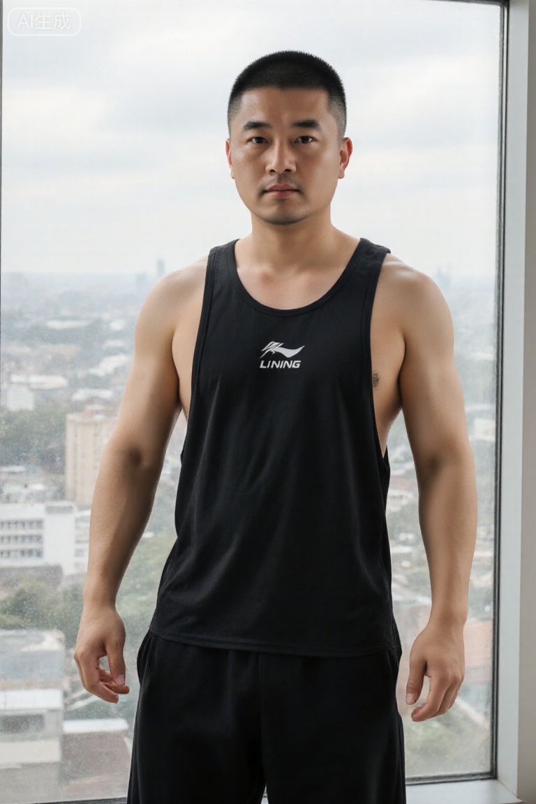 1man,Chinese men with average body shape, short hair, natural light,cnman,topless,male_nipples,No abdominal muscles,He stands in front of a floor - to - ceiling window, fat,He was wearing Li Ning's sportswear, and the overall combination was relatively casual.