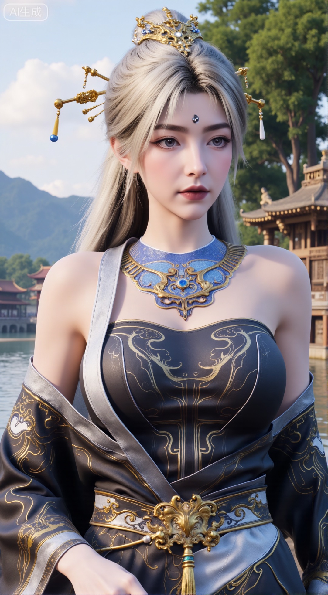 (masterpiece, best quality:1.2),1 girl, solo, long hair, hair accessories, clothing, long dress, jewelry, upper body, earrings. Background is outdoor, sky, clouds, water, trees, architecture, landscape, lantern, mountain, dragon, architecture, bridge, east Asian architecture, fog, pagoda,,(huge breasts:2.99),(full breasts:2.99),,XbaifengsongyuYH,Xbigbreasts,Xyehuiling,XtangwutongXnb,Xyinyangjiaoshengnv,XmupeilingHongyi