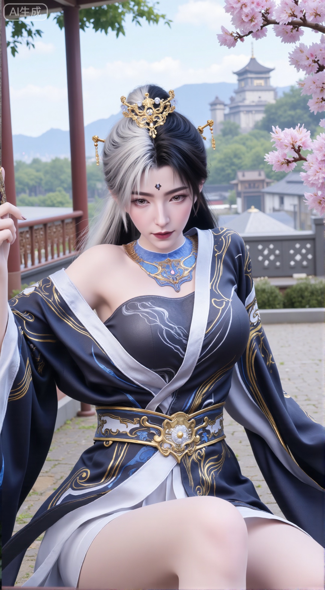 (masterpiece, top quality, best quality, official art, beautiful and aesthetic:1.2),Dynamic posture,(Sitting on the swing:1.39),natural skin texture,(Milky skin:1.2),1gir,solo,long Dress, (Long legs, perfect proportions:1.2),(Sakura, butterfly:1.29),(huge breasts:2.99),(full breasts:2.99),Wisteria, wisteria flowers, castle, waterfall, mountains in the distance,,XbaifengsongyuYH,Xbigbreasts,Xyehuiling,XtangwutongXnb,Xyinyangjiaoshengnv,XmupeilingHongyi