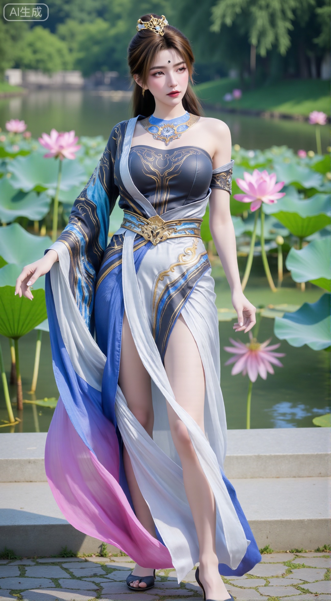 (masterpiece, best quality:1.2),1girl, navel, solo, midriff, bare shoulders, hair ornament,(long hair),(High double ponytail:1.49), red lips, BREAK, (looking at viewer:1.39), chinese clothes,(Holographic Color long dress:1.36), (lace,Rainbow Gradient Color:1.28), BREAK,blurry, solo focus, long hair, lips, daytime, lipstick, outdoors, standing,upper body,(huge breasts:2.89), background, solo, makeup,(Stockings, high heels:1.29),(huge breasts:2.99),(full breasts:2.99),,(Background with lotus pond and pink lotus flowers:1.39),XbaifengsongyuYH,Xbigbreasts,Xyehuiling,XtangwutongXnb,Xyinyangjiaoshengnv,XmupeilingHongyi