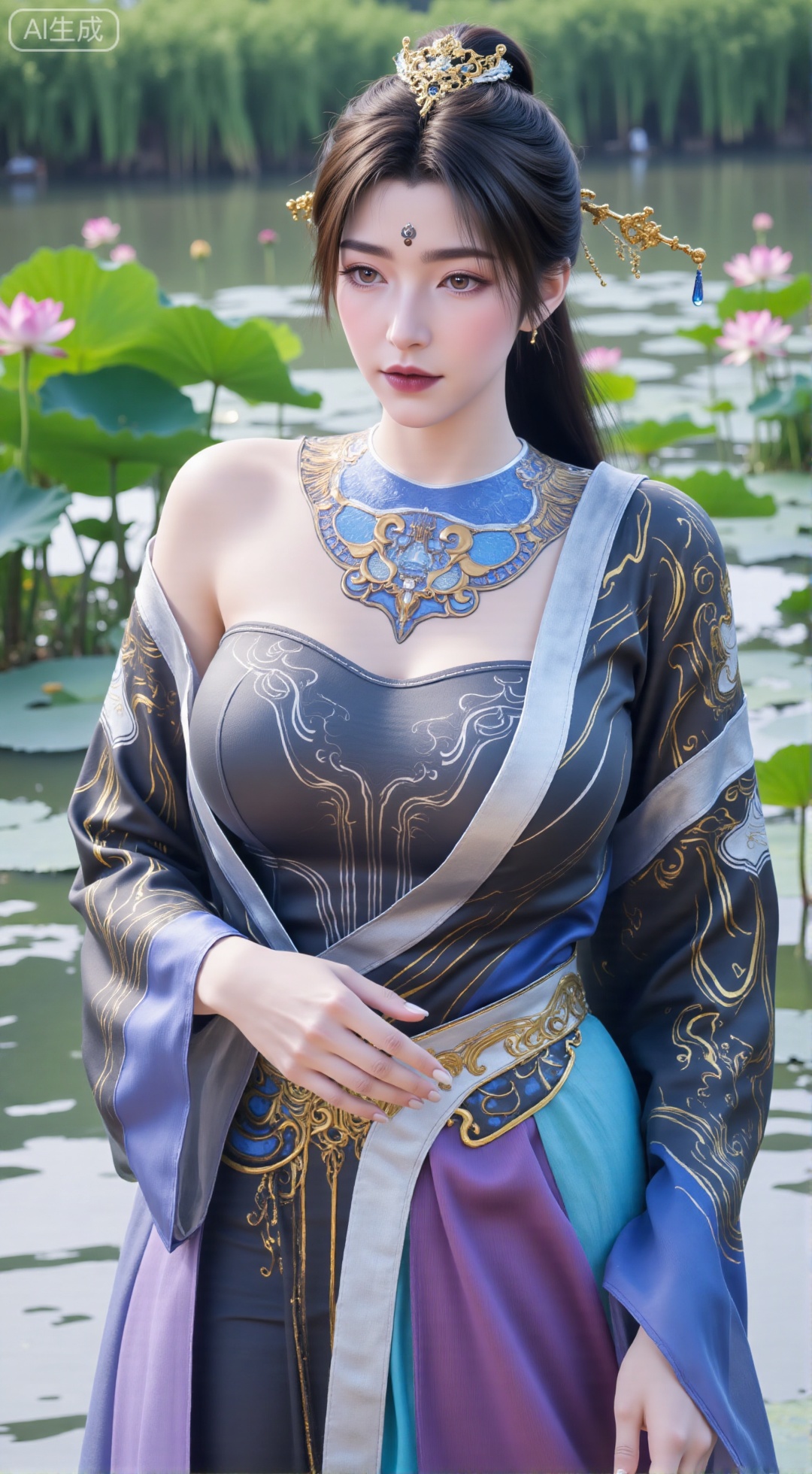 (masterpiece, best quality:1.2),1girl, navel, solo, midriff, bare shoulders, hair ornament,(long hair),(High double ponytail:1.49), red lips, BREAK, (looking at viewer:1.39), chinese clothes,(Holographic Color long dress:1.36), (lace,Rainbow Gradient Color:1.28), BREAK,blurry, solo focus, long hair, lips, daytime, lipstick, outdoors, standing,upper body,(huge breasts:2.89), background, solo, makeup,(Stockings, high heels:1.29),(huge breasts:2.99),(full breasts:2.99),,(Background with lotus pond and pink lotus flowers:1.39),XbaifengsongyuYH,Xbigbreasts,Xyehuiling,XtangwutongXnb,Xyinyangjiaoshengnv,XmupeilingHongyi