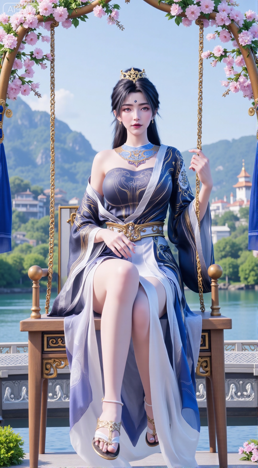 (masterpiece, top quality, best quality, official art, beautiful and aesthetic:1.2),Dynamic posture,(Sitting on the swing:1.39),natural skin texture,(Milky skin:1.2),1gir,solo,long Dress, (Long legs, perfect proportions:1.2),(Sakura, butterfly:1.29),(huge breasts:2.99),(full breasts:2.99),Wisteria, wisteria flowers, castle, waterfall, mountains in the distance,,XbaifengsongyuYH,Xbigbreasts,Xyehuiling,XtangwutongXnb,Xyinyangjiaoshengnv,XmupeilingHongyi